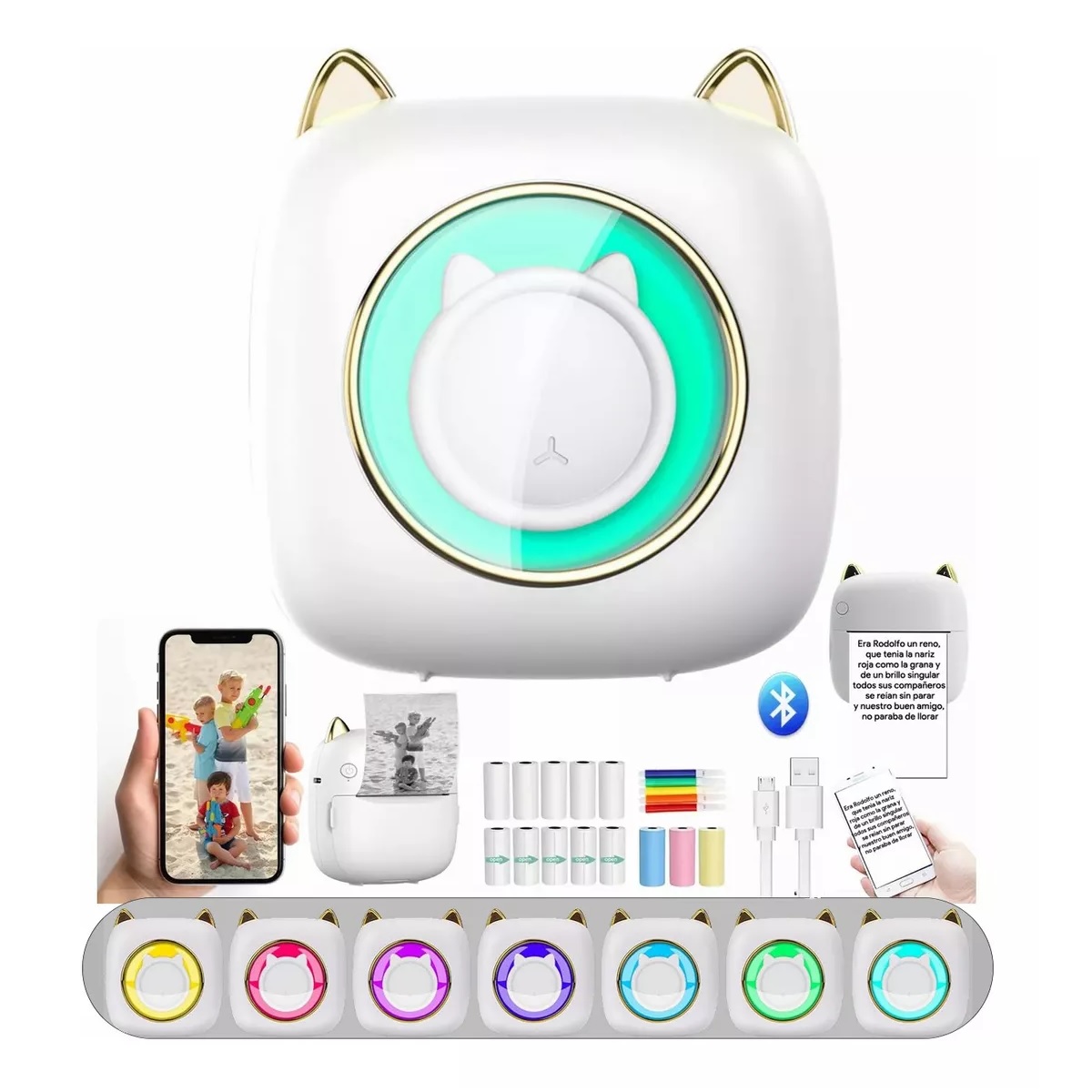 Impresora Térmica Portátil Con Luz Ambiental De Siete Colore Blanco