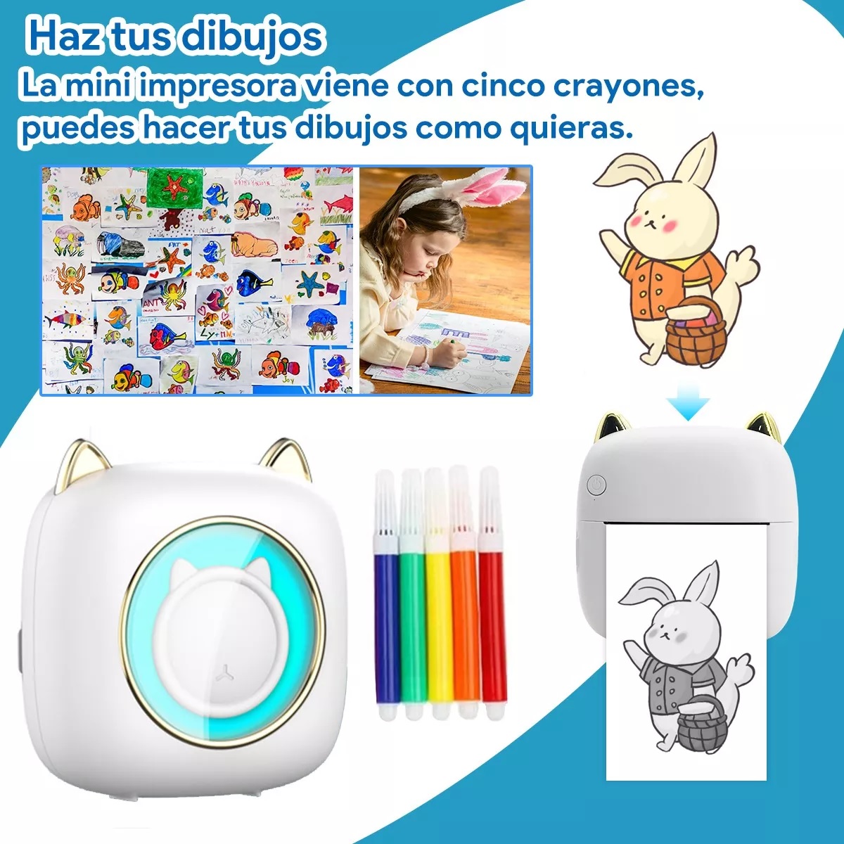 Impresora Térmica Portátil Con Luz Ambiental De Siete Colore Blanco