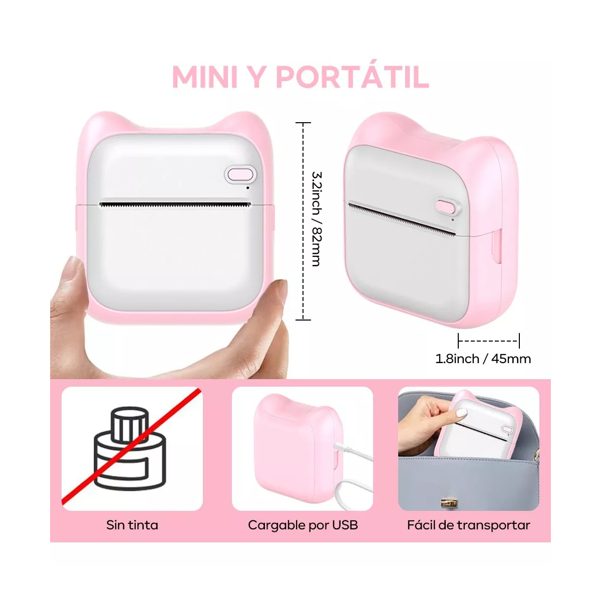 Impresora Niño Rosa Mini Portatil Térmica Bluetooth 10roll
