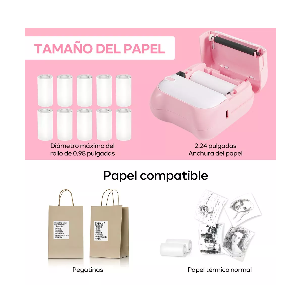 Impresora Niño Rosa Mini Portatil Térmica Bluetooth 10roll