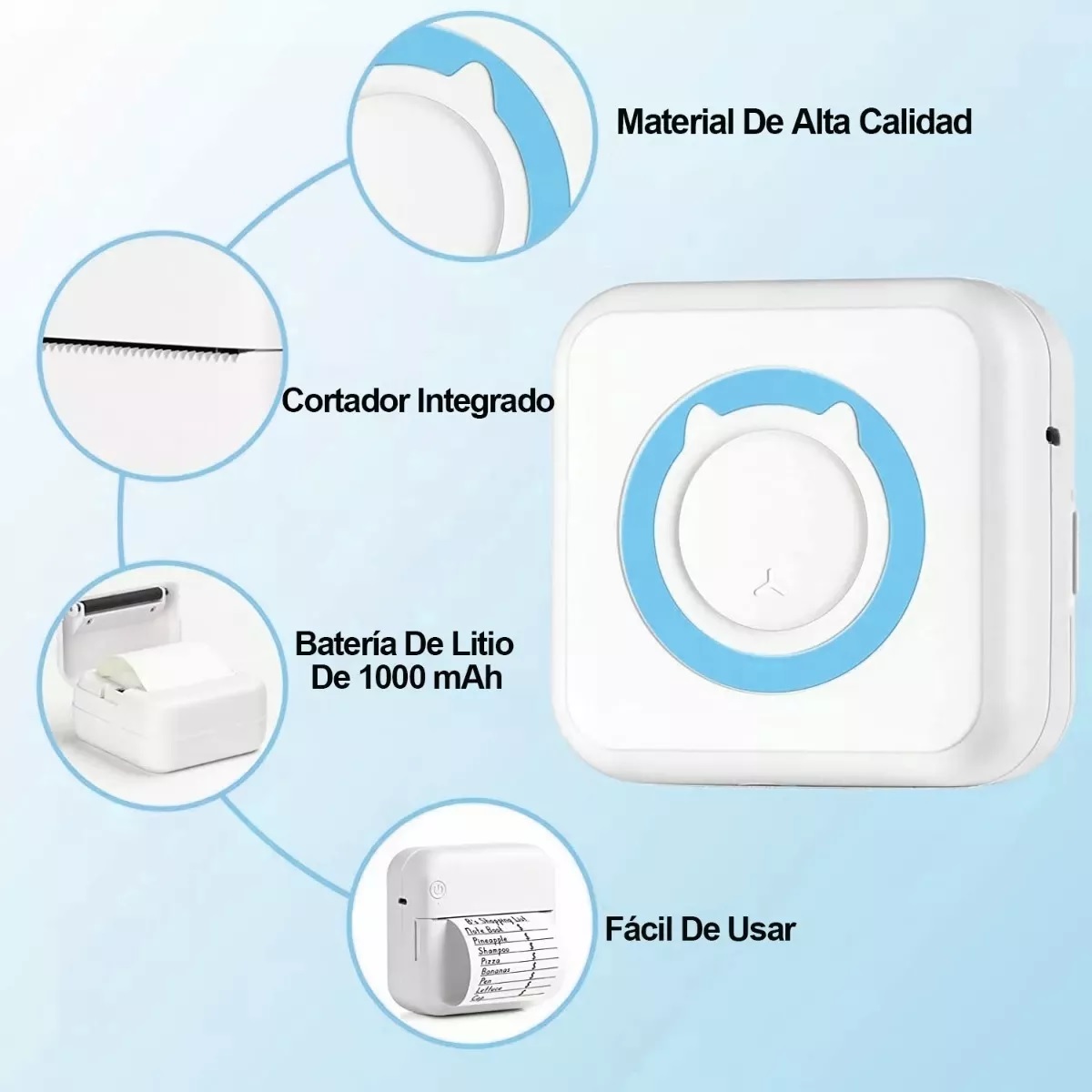 Mini Impresora Térmica Bluetooth Portátil Inalámbrica Azul
