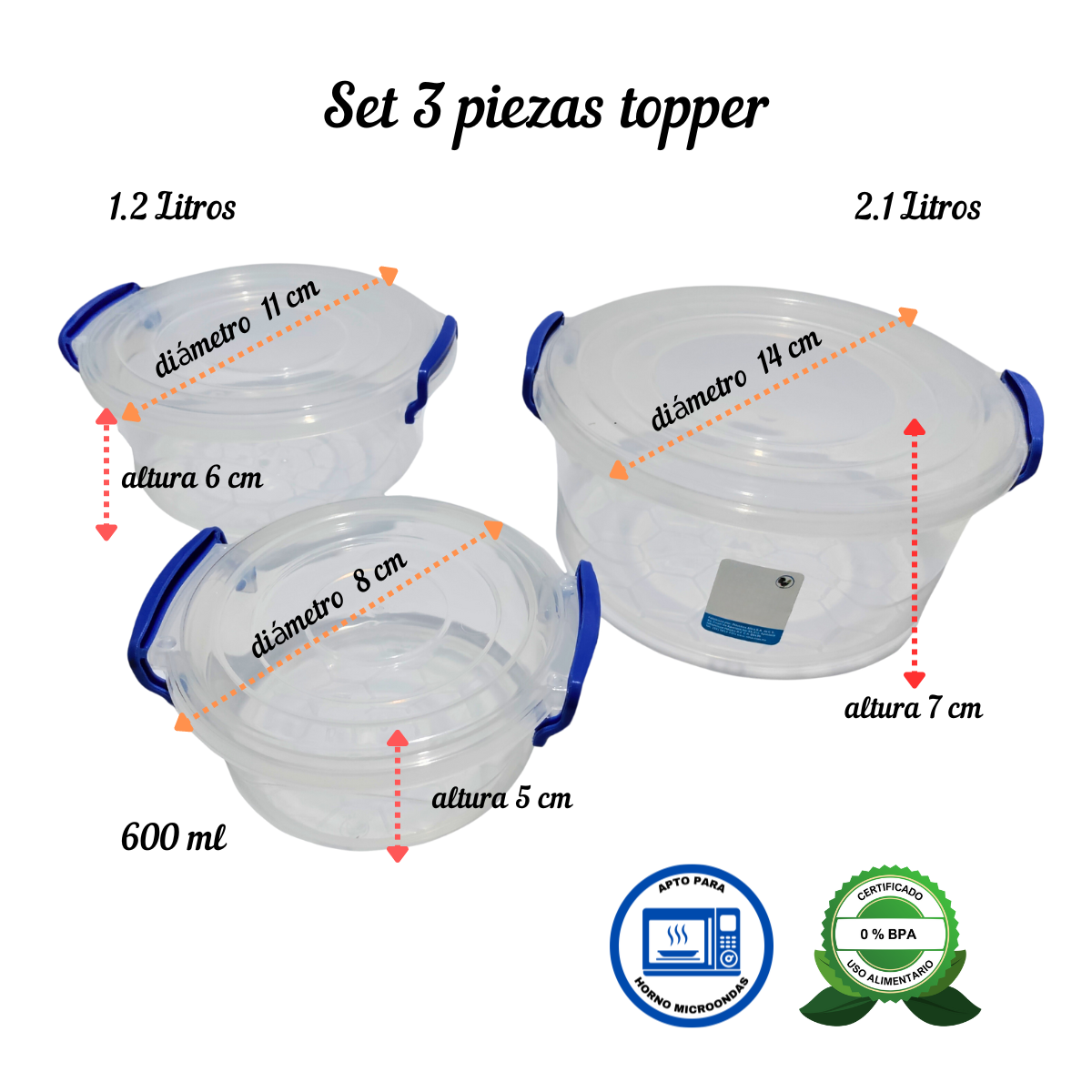 Set Toper Redondo Plástico Alica Recipiente Contenedor Multicristal 3 pz..