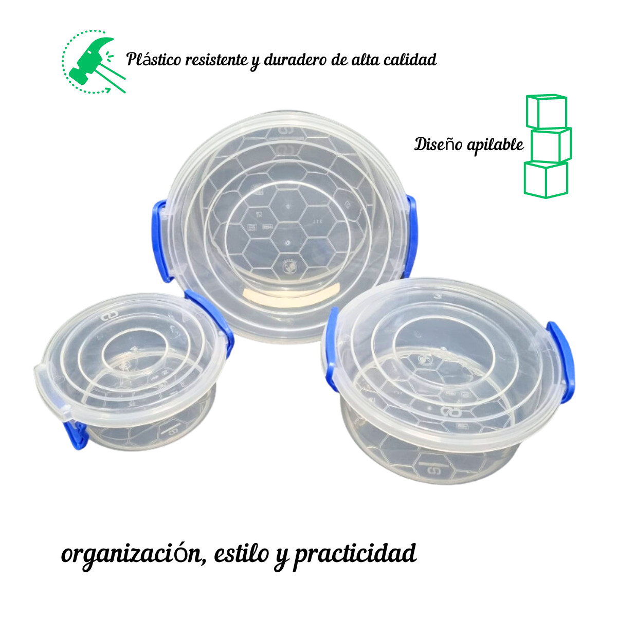Set Toper Redondo Plástico Alica Recipiente Contenedor Multicristal 3 pz..
