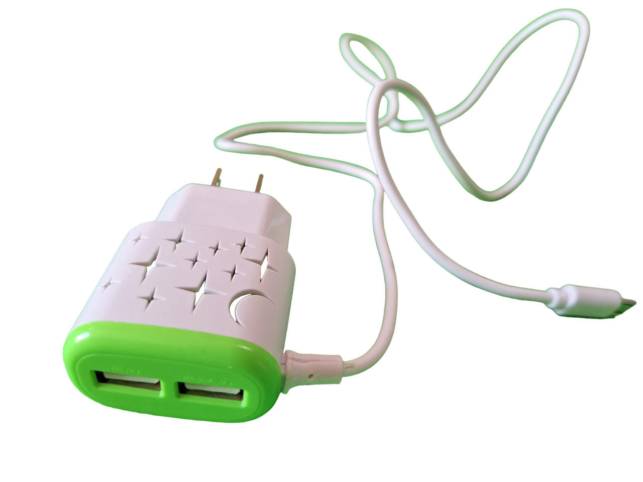 Cubo Cargador Para Celular Carga Rápida Doble Entrada Color Blanco con Verde