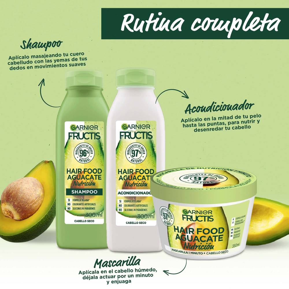 Fructis Hair Food Aguacate Shampoo, Acondicionador, Mascarilla, Garnier, 3 Piezas