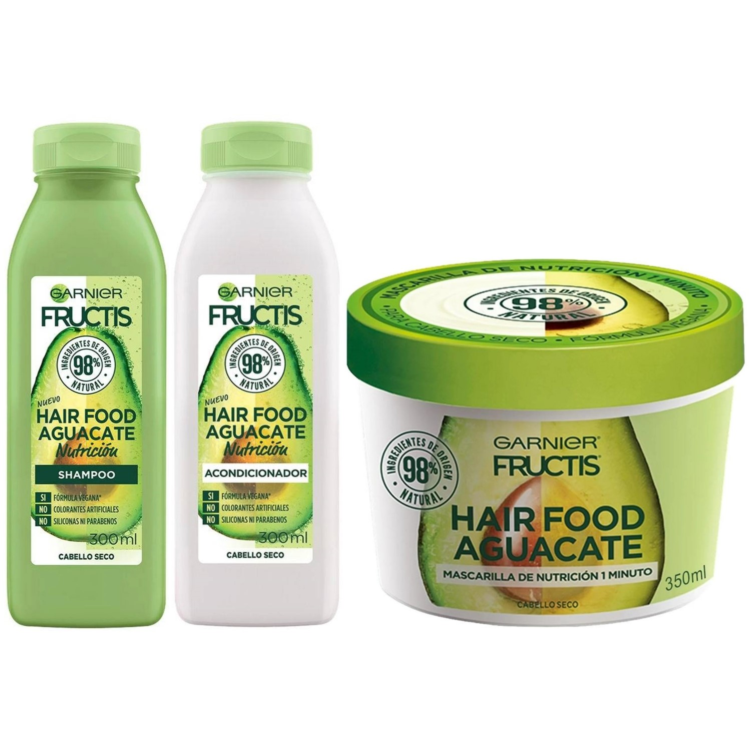 Fructis Hair Food Aguacate Shampoo, Acondicionador, Mascarilla, Garnier, 3 Piezas