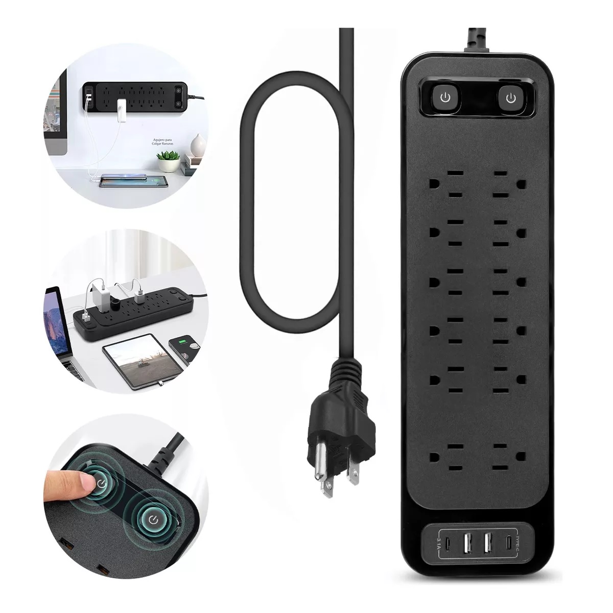 Regleta Multicontactos Tomacorrientes C/12, 2 Usb, 2 Tipo C Negro