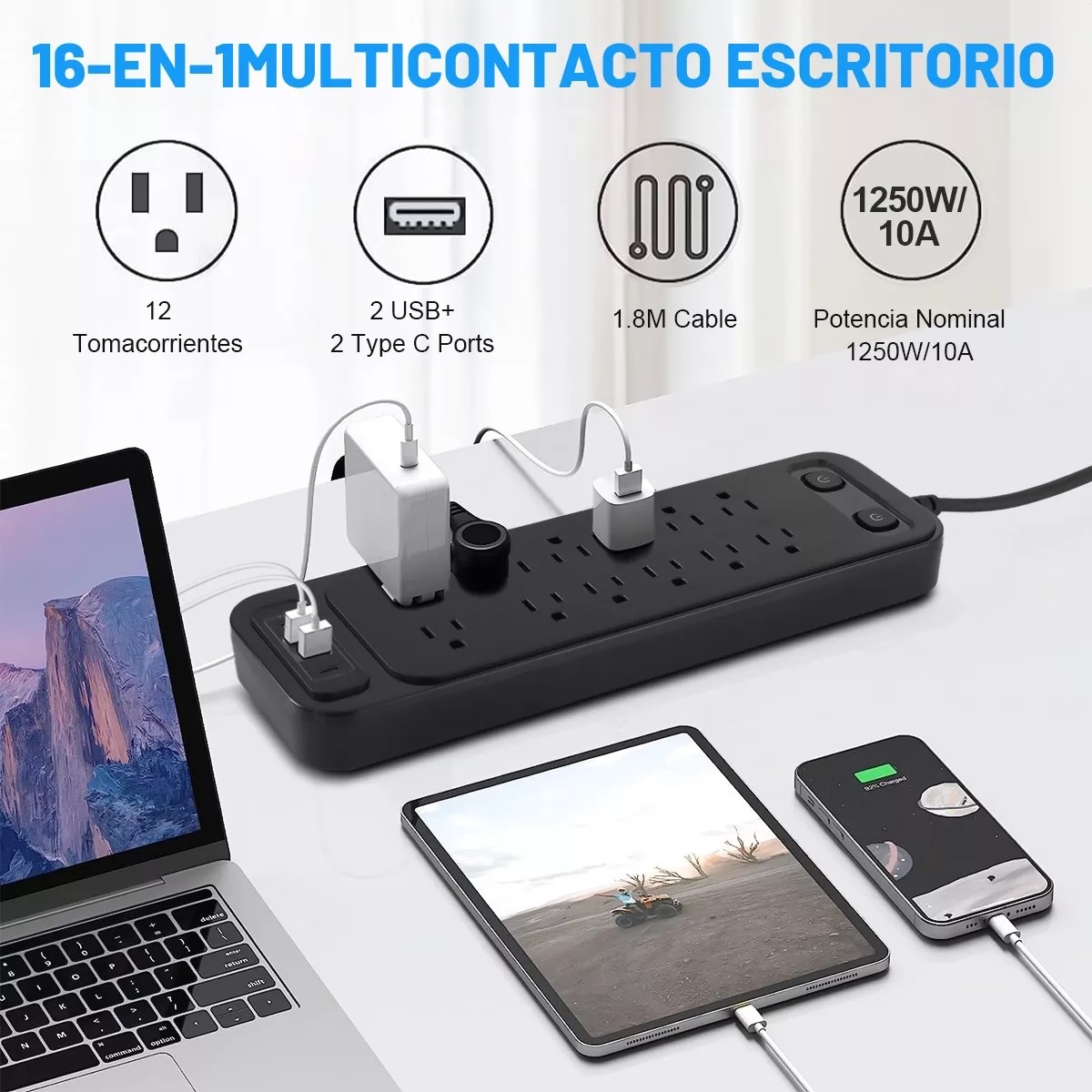 Regleta Multicontactos Tomacorrientes C/12, 2 Usb, 2 Tipo C Negro