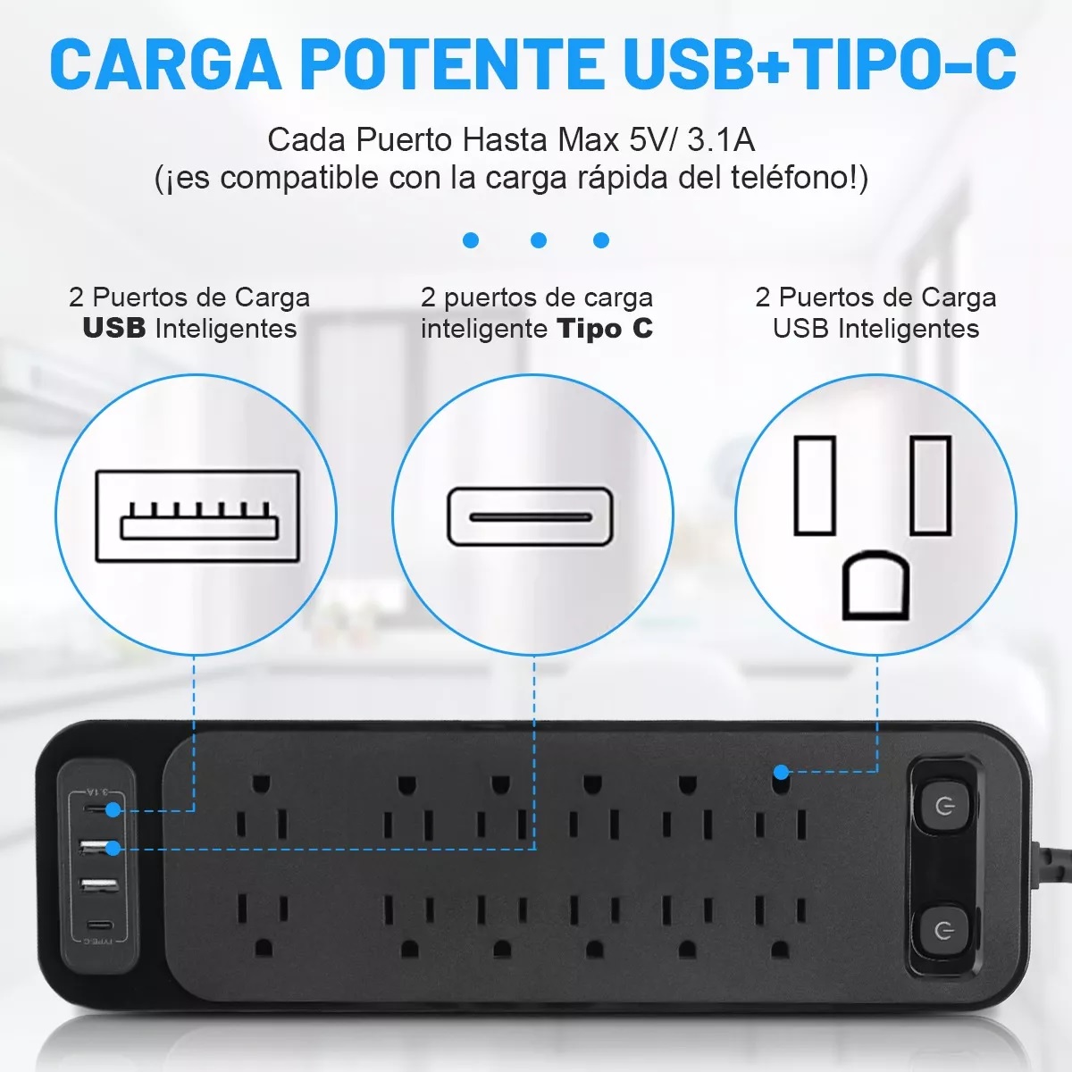 Regleta Multicontactos Tomacorrientes C/12, 2 Usb, 2 Tipo C Negro