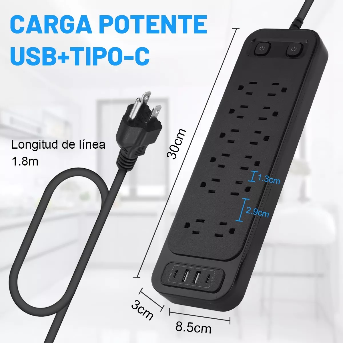 Regleta Multicontactos Tomacorrientes C/12, 2 Usb, 2 Tipo C Negro