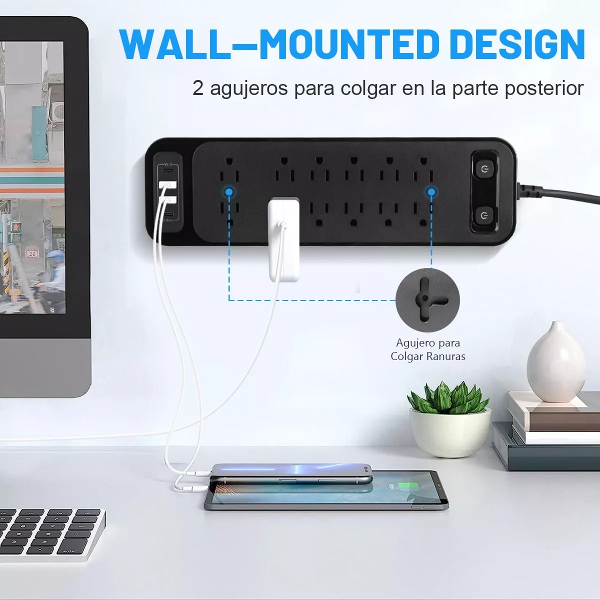 Regleta Multicontactos Tomacorrientes C/12, 2 Usb, 2 Tipo C Negro