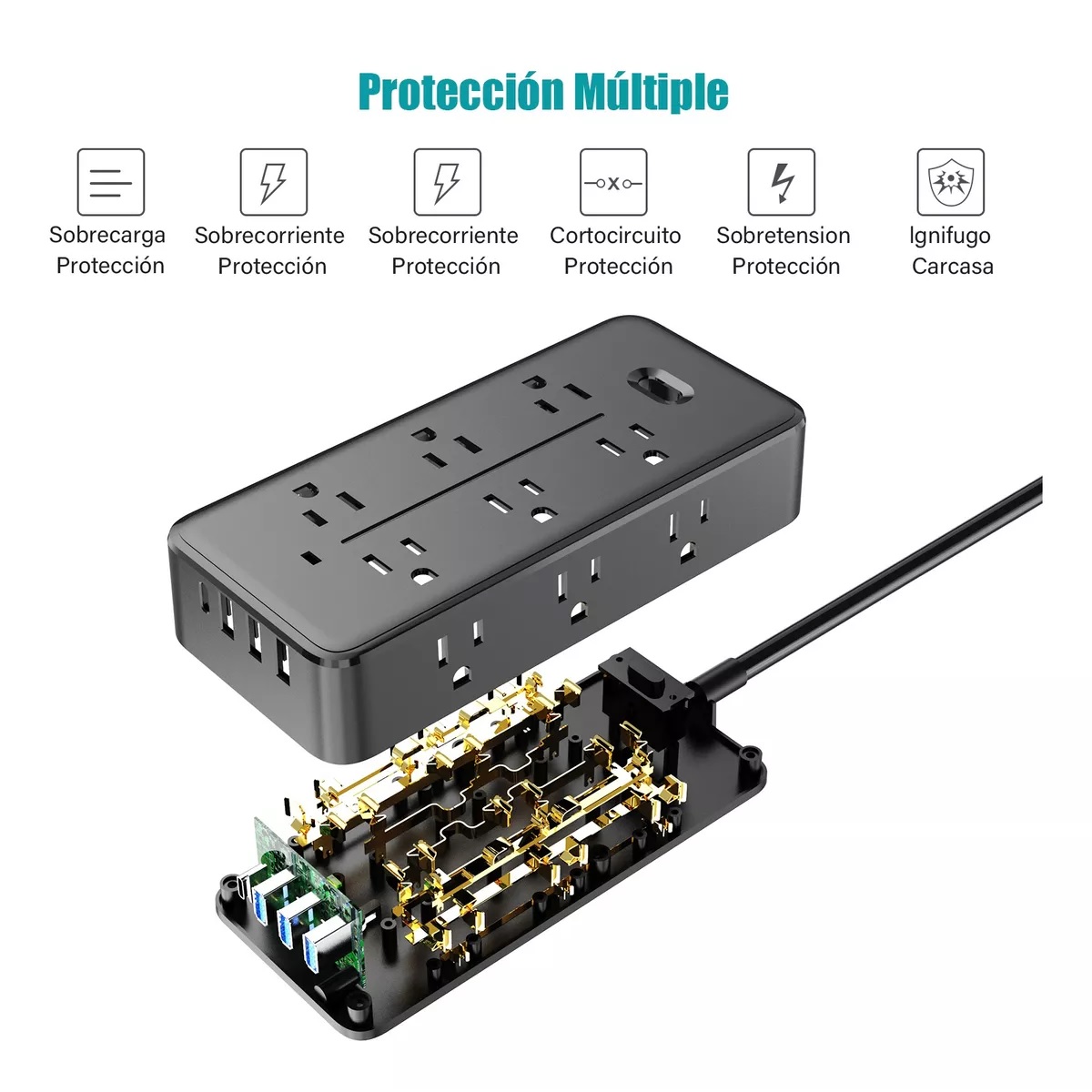Regleta Cargador Multicontactos Con 4 Salidas Y 3 Usb