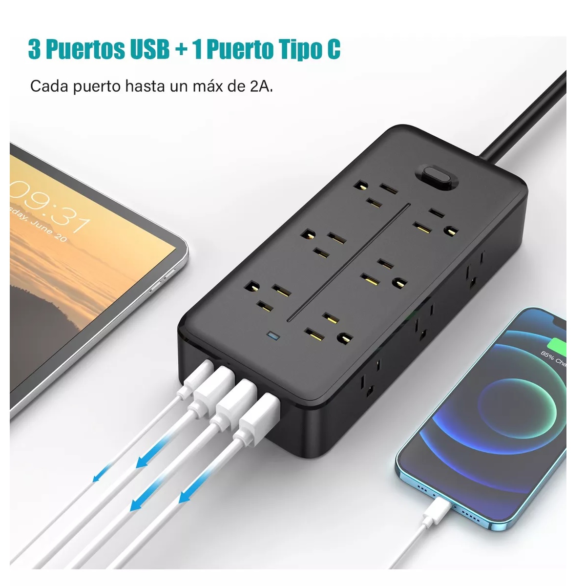 Regleta Cargador Multicontactos Con 4 Salidas Y 3 Usb