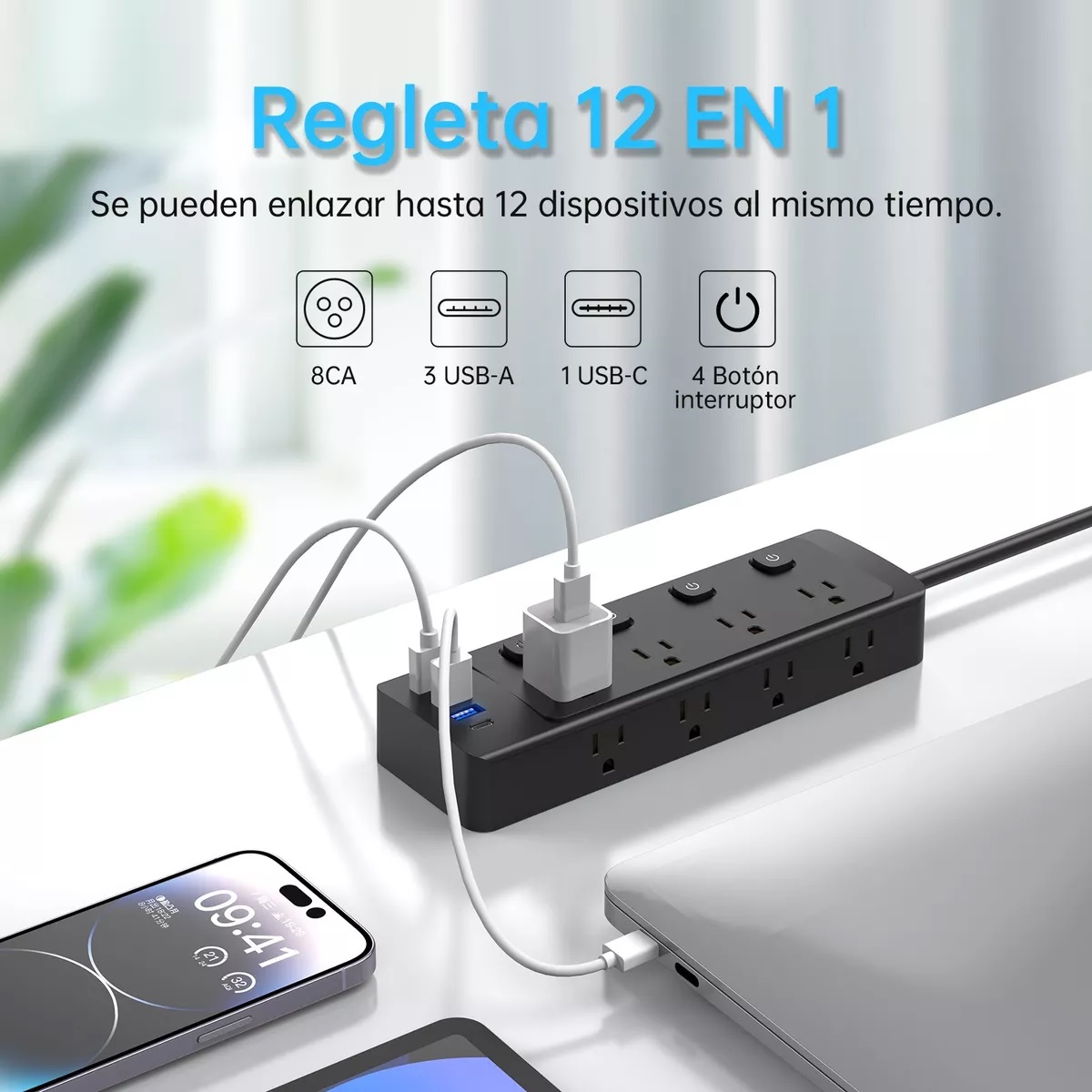 Regleta Multicontactos Con 8 Tomas Interruptor Independiente