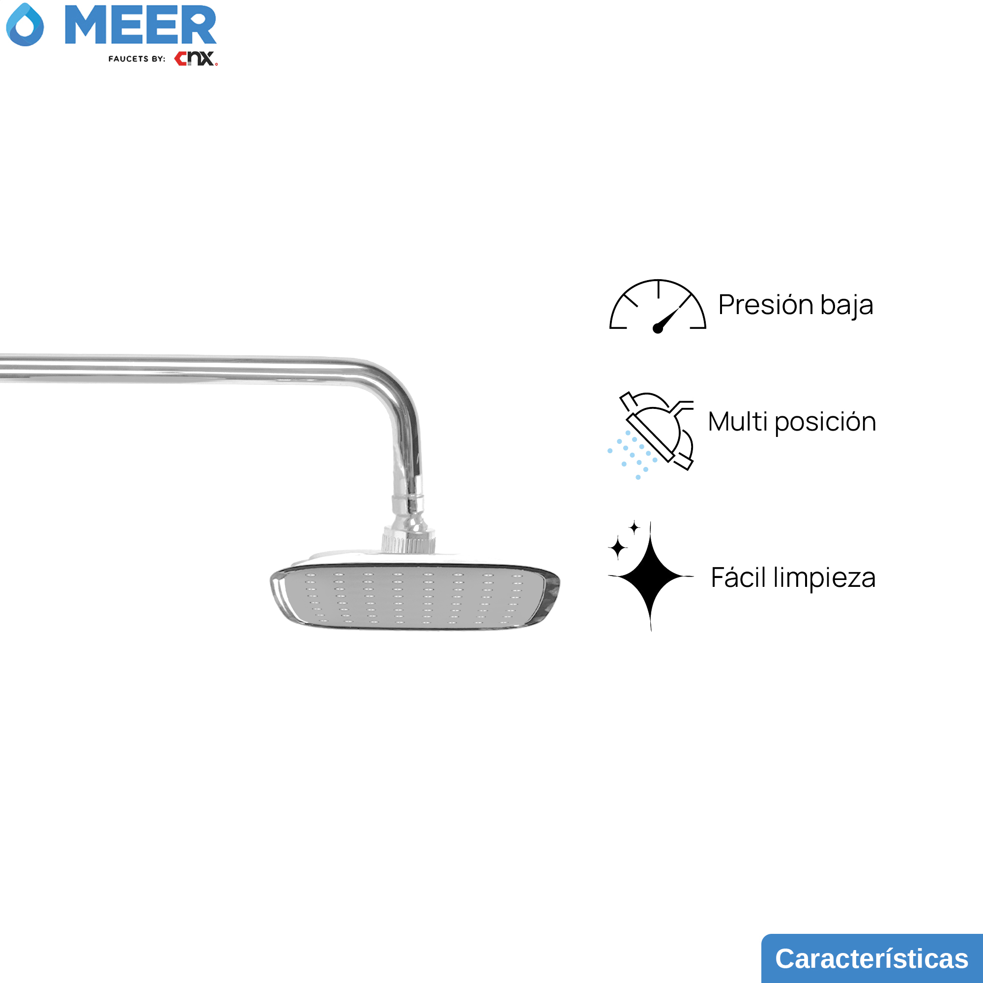 MEER Faucets  by CNX | Regadera Cuadrada de 15 cm con Cuello de 27 cm, Cabezal de Ducha de ABS con Tubo de Metal Cromado. Multiposición, Anti-Sarro y Funciona con Presión Baja.