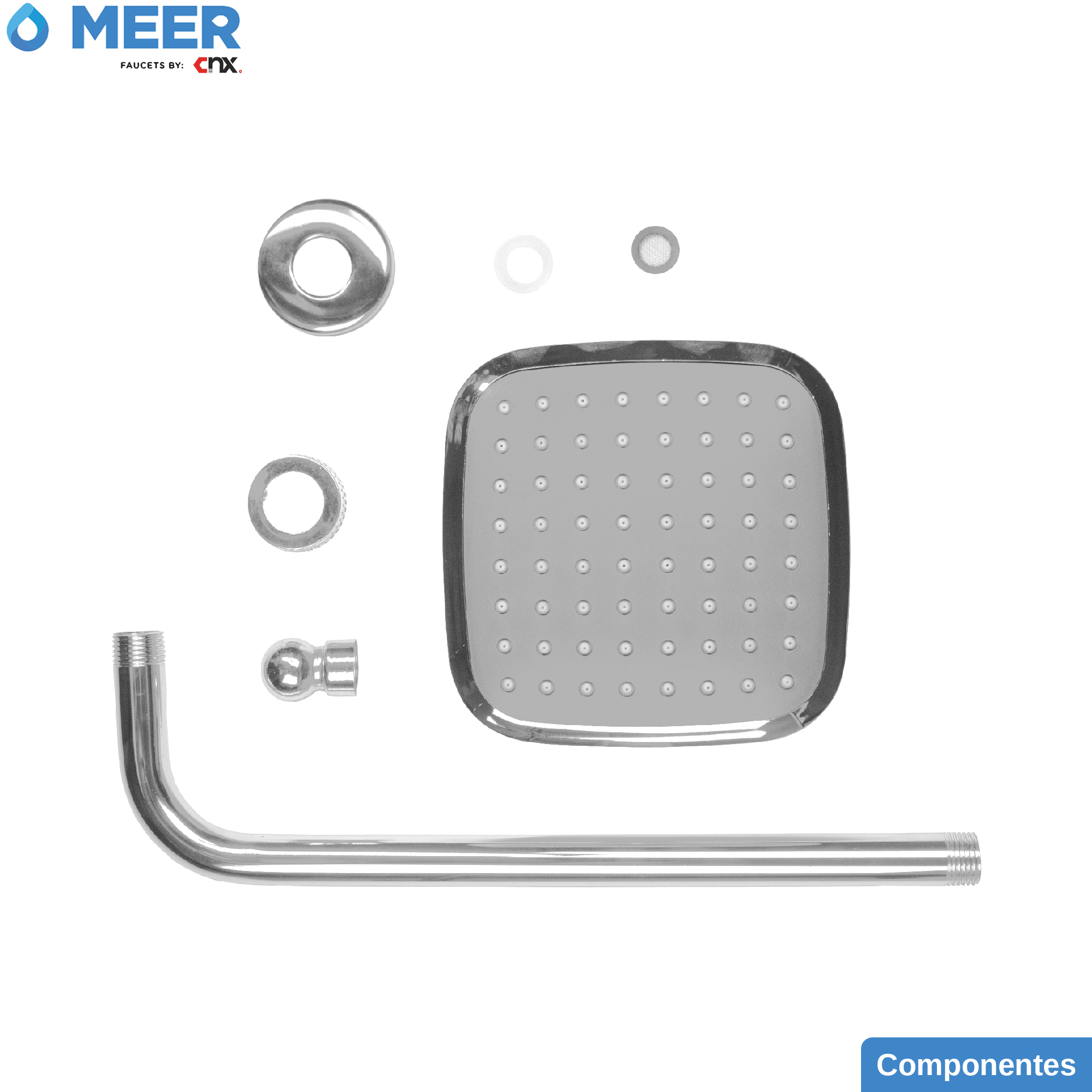 MEER Faucets  by CNX | Regadera Cuadrada de 15 cm con Cuello de 27 cm, Cabezal de Ducha de ABS con Tubo de Metal Cromado. Multiposición, Anti-Sarro y Funciona con Presión Baja.