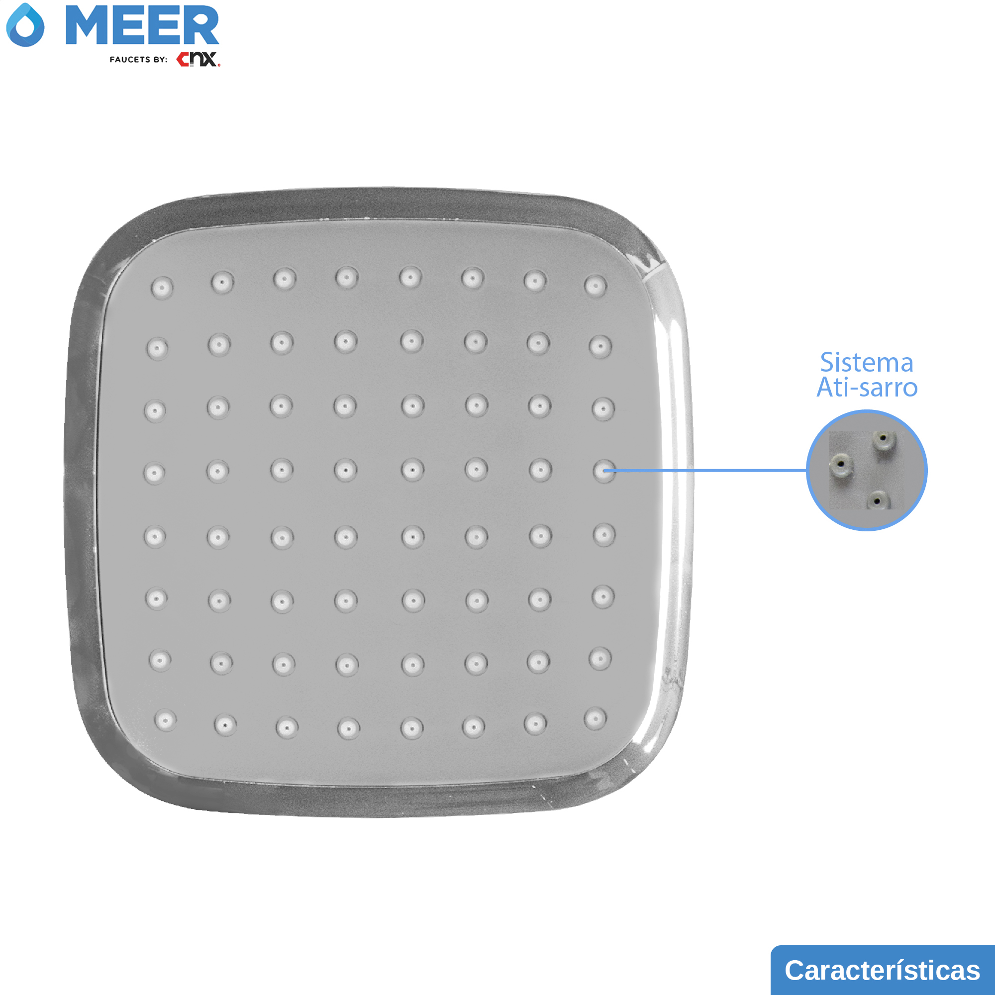 MEER Faucets  by CNX | Regadera Cuadrada de 15 cm con Cuello de 27 cm, Cabezal de Ducha de ABS con Tubo de Metal Cromado. Multiposición, Anti-Sarro y Funciona con Presión Baja.