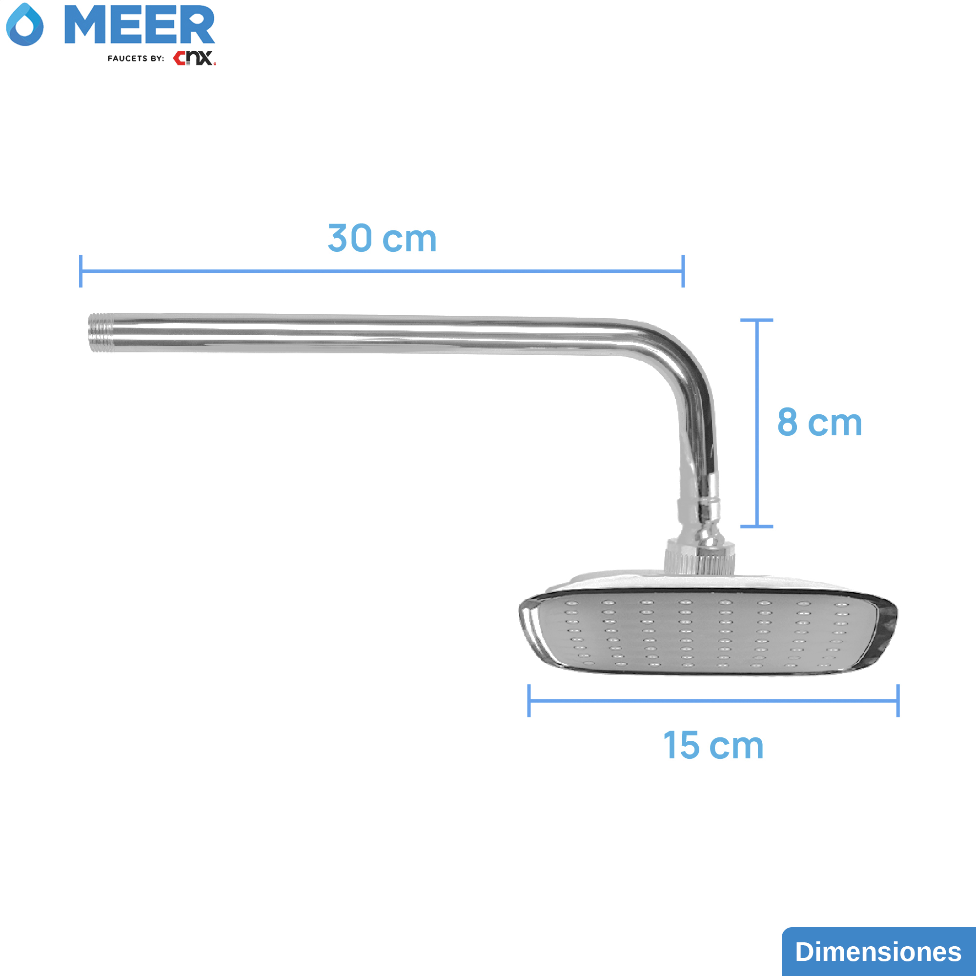 MEER Faucets  by CNX | Regadera Cuadrada de 15 cm con Cuello de 27 cm, Cabezal de Ducha de ABS con Tubo de Metal Cromado. Multiposición, Anti-Sarro y Funciona con Presión Baja.