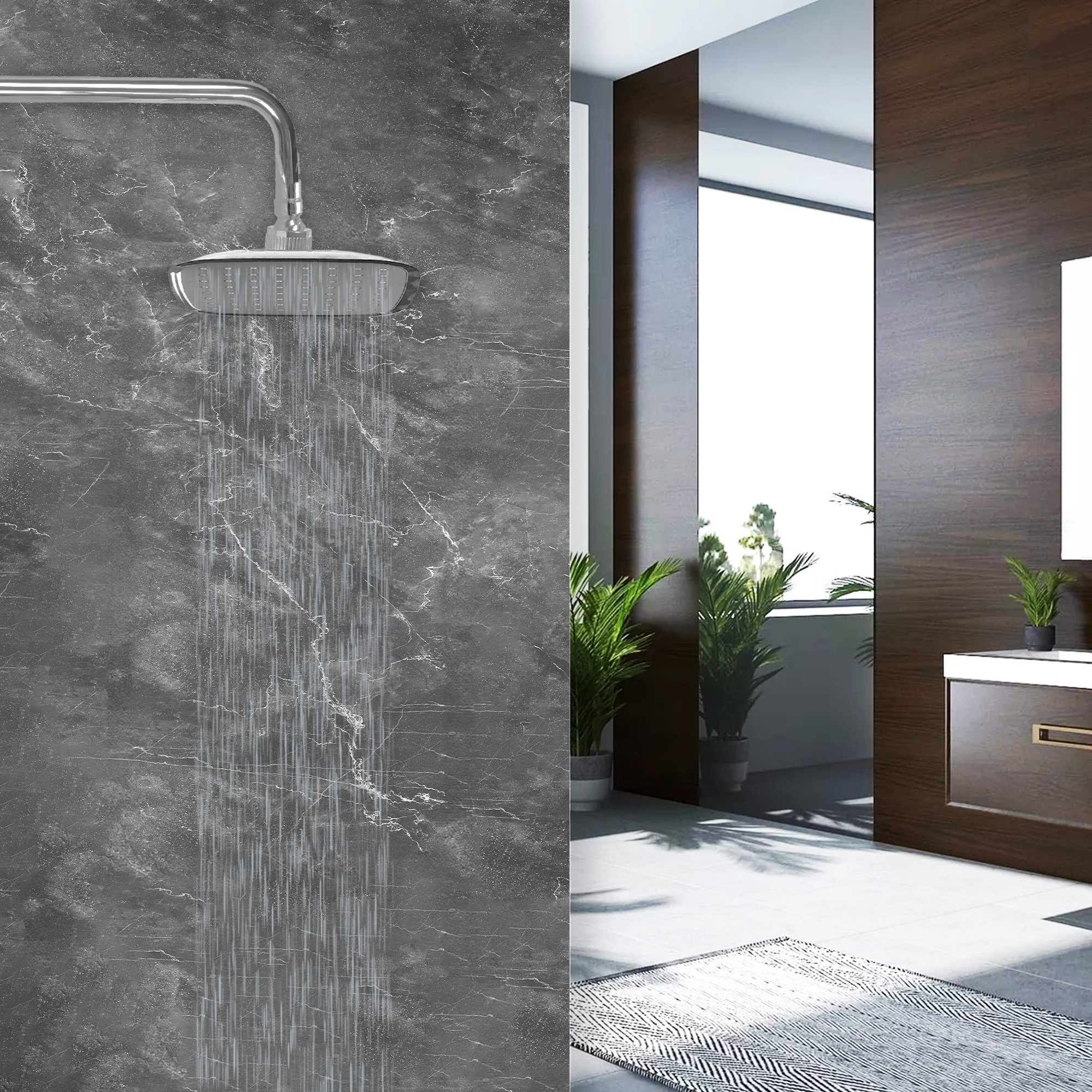 MEER Faucets  by CNX | Regadera Cuadrada de 15 cm con Cuello de 27 cm, Cabezal de Ducha de ABS con Tubo de Metal Cromado. Multiposición, Anti-Sarro y Funciona con Presión Baja.