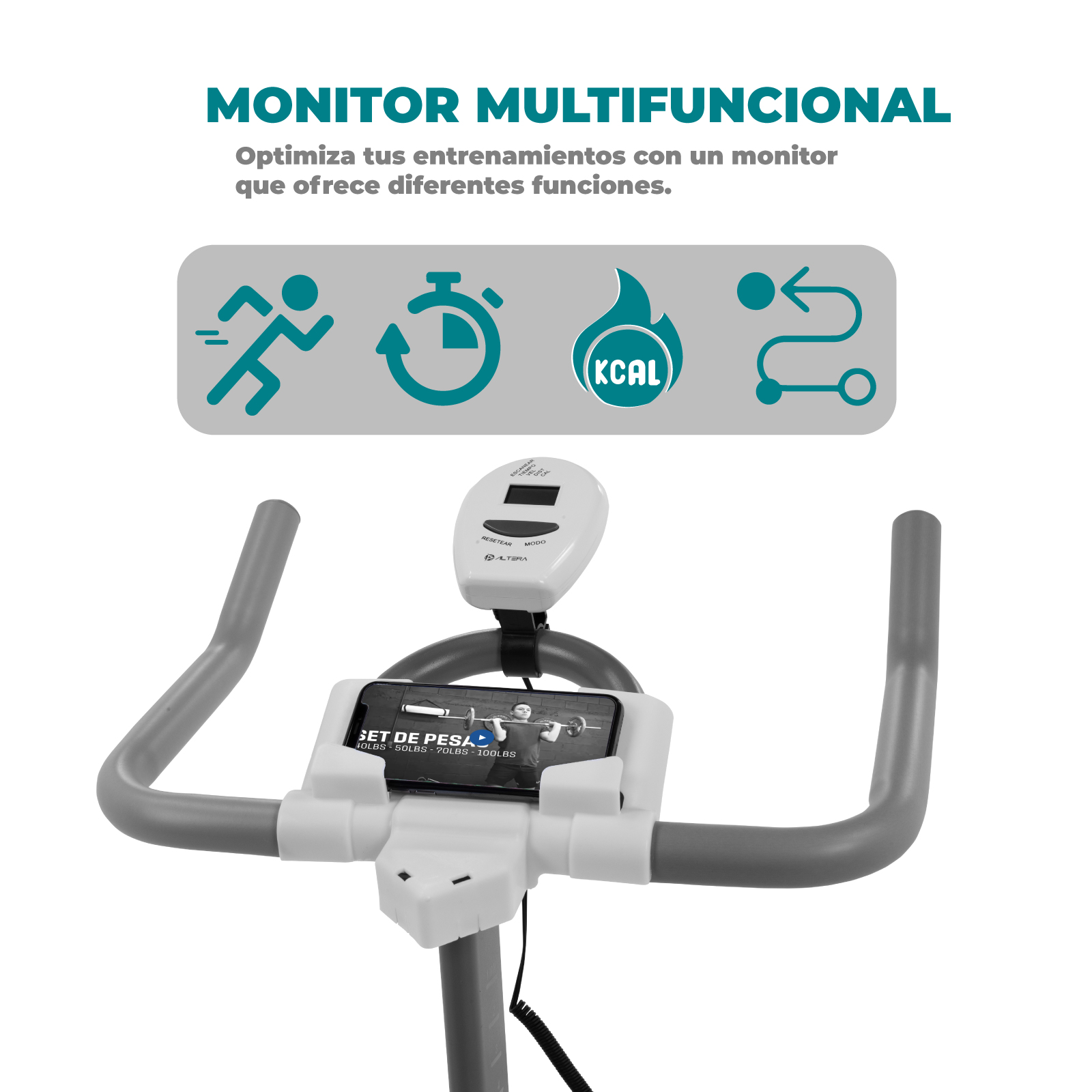 Altera - Bicicleta Fija ajustable para Spinning con disco de inercia y un monitor de progreso (BLANCO/GRIS)