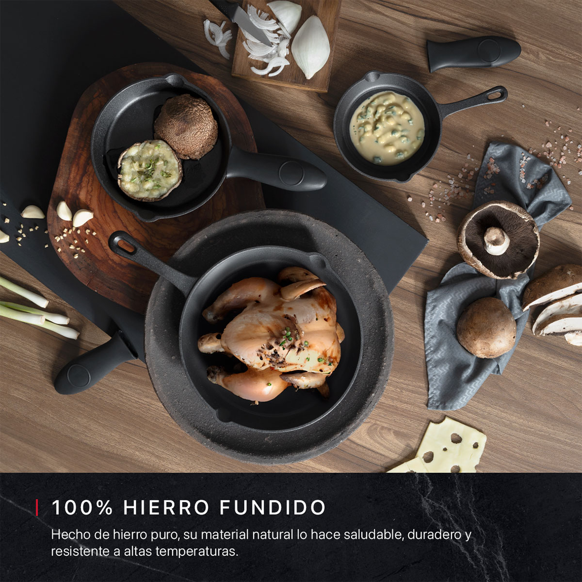 Juego Set con 3 Sartenes de Hierro Fundido Precurados Negro Cookify.