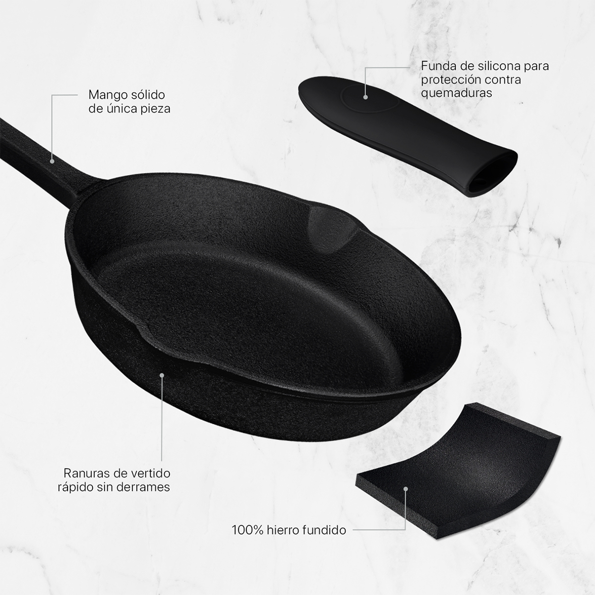 Juego Set con 3 Sartenes de Hierro Fundido Precurados Negro Cookify.