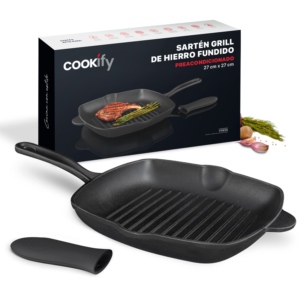 Sartén Grill con Antiadherente de Hierro Fundido Negro Cookify