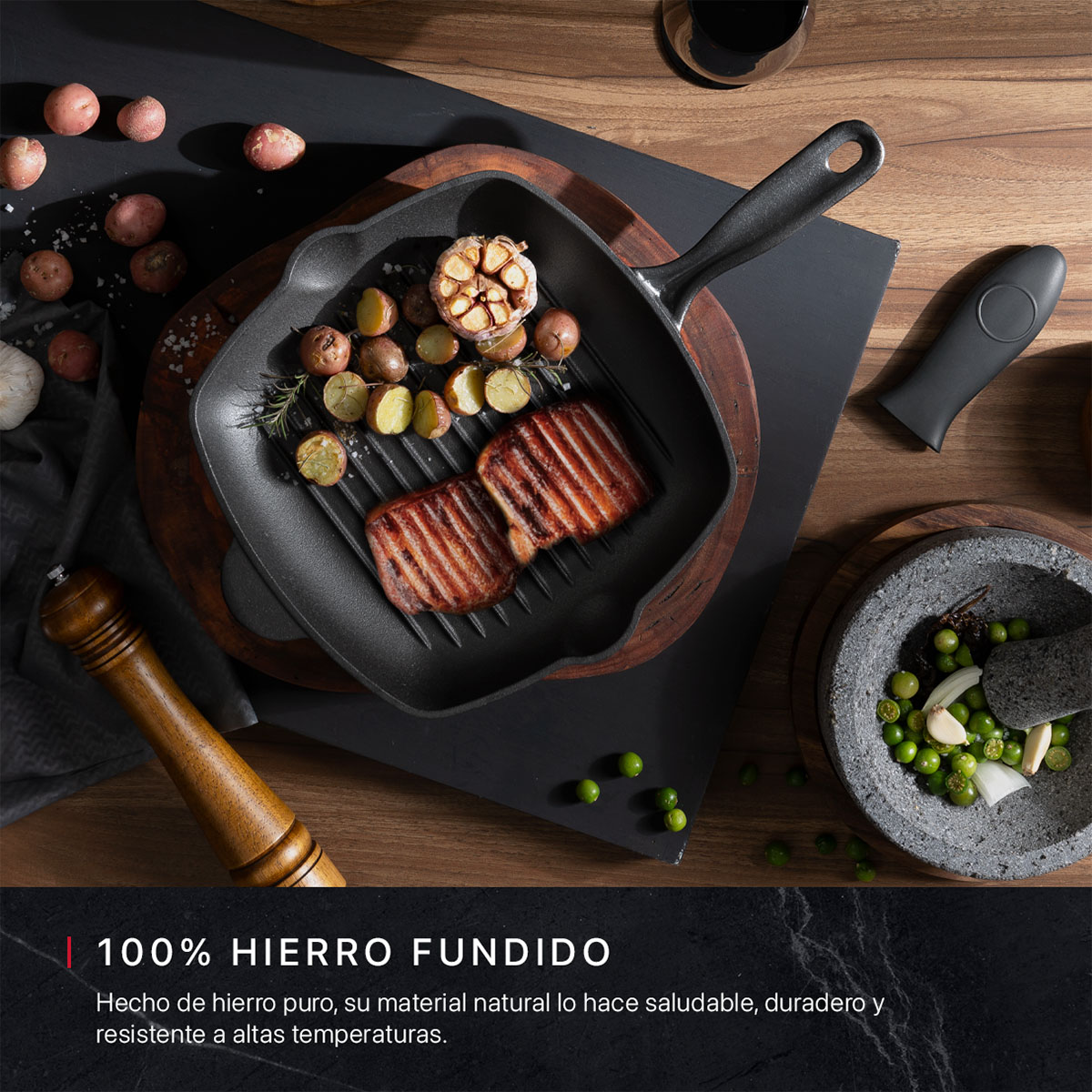 Sartén Grill con Antiadherente de Hierro Fundido Negro Cookify