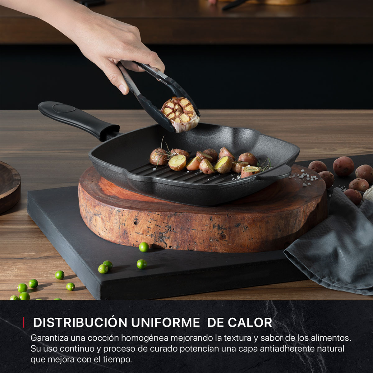 Sartén Grill con Antiadherente de Hierro Fundido Negro Cookify