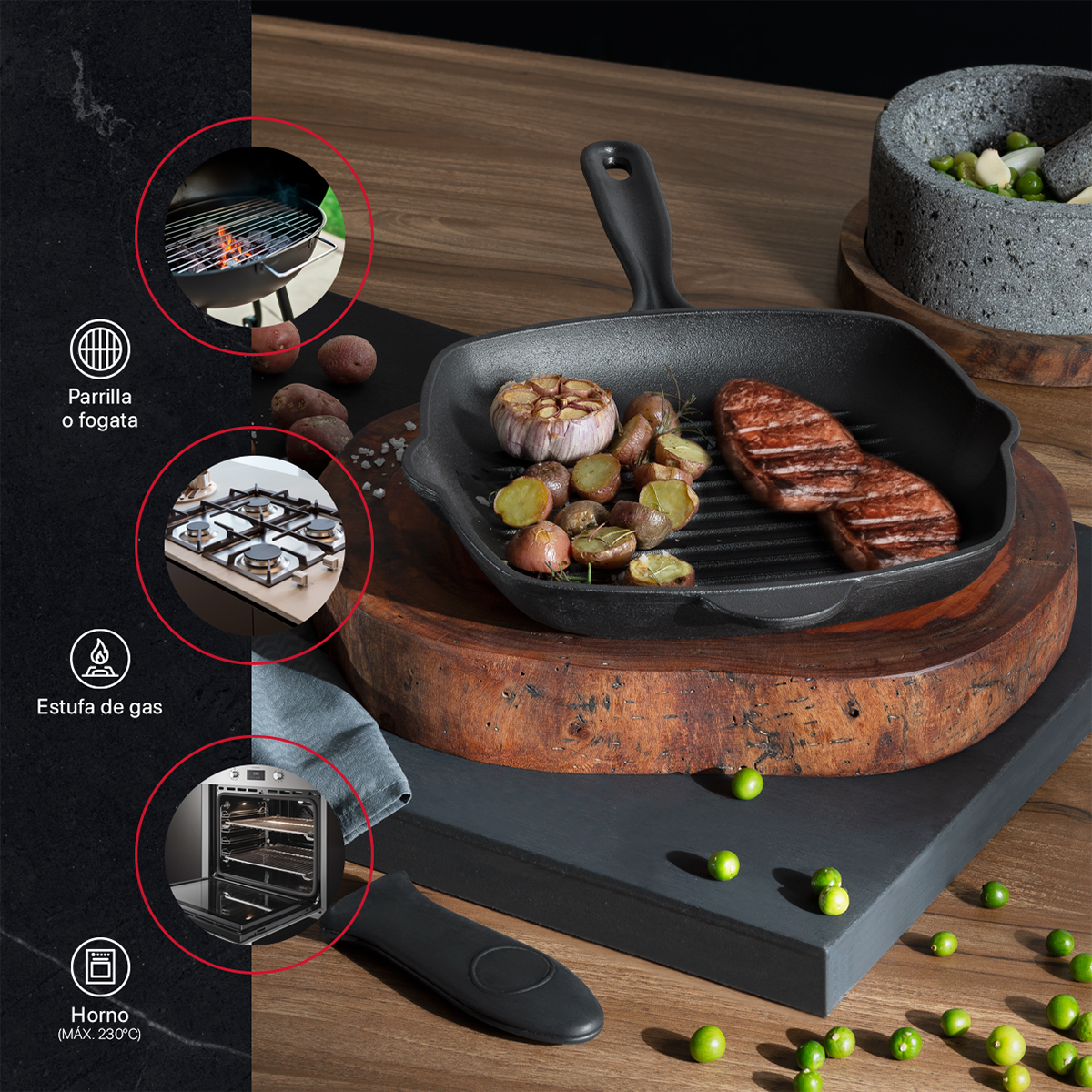 Sartén Grill con Antiadherente de Hierro Fundido Negro Cookify