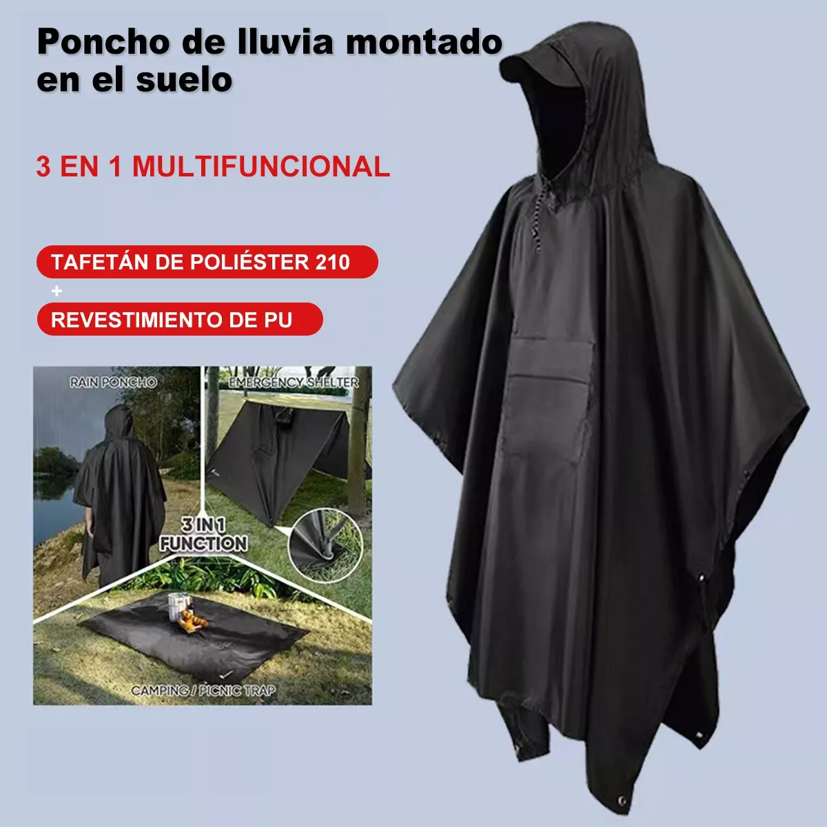 Poncho De Camping Impermeable Capa Multi Negro