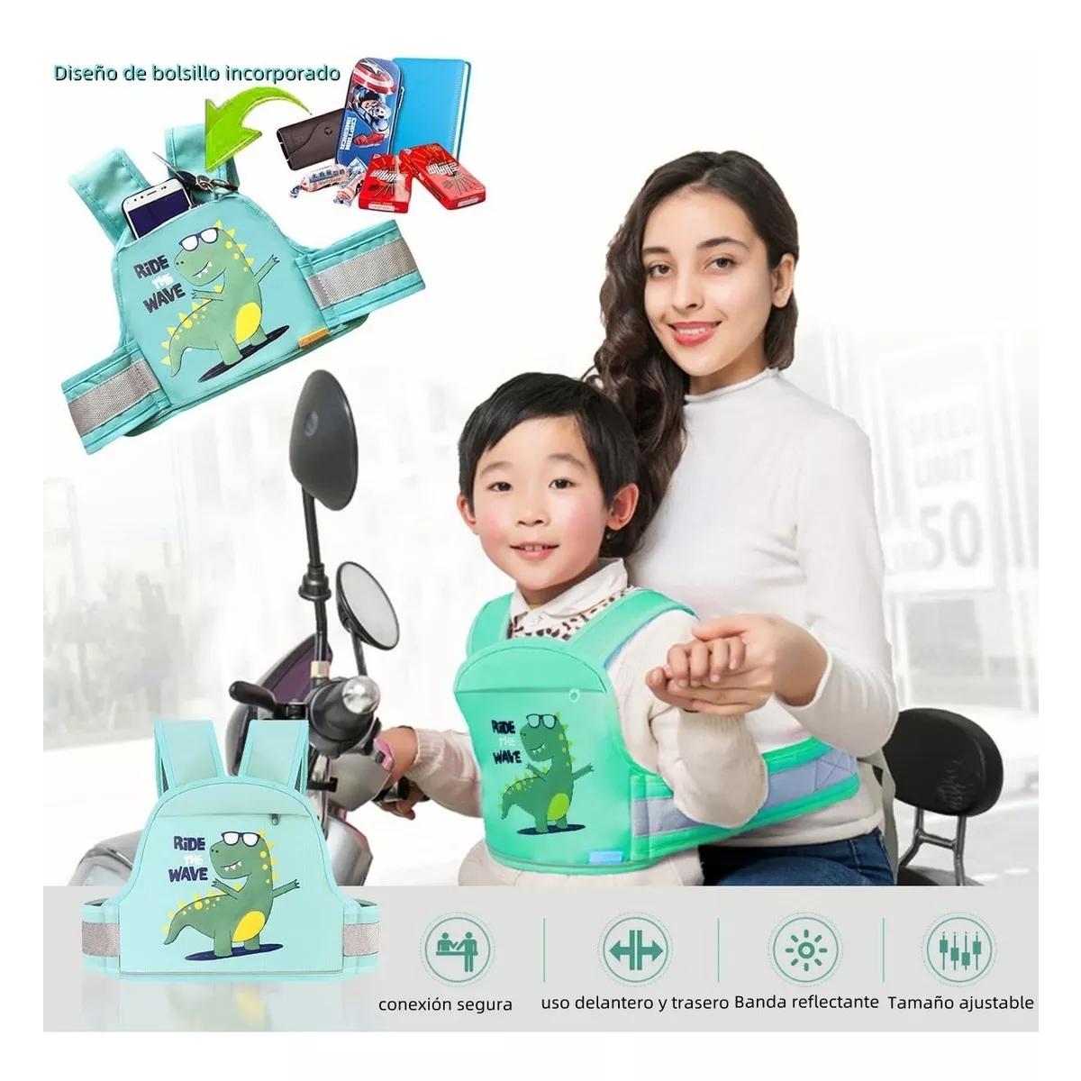 Cinturon De Seguridad Para Niño Moto Con Tiras Reflectantes Verde Claro