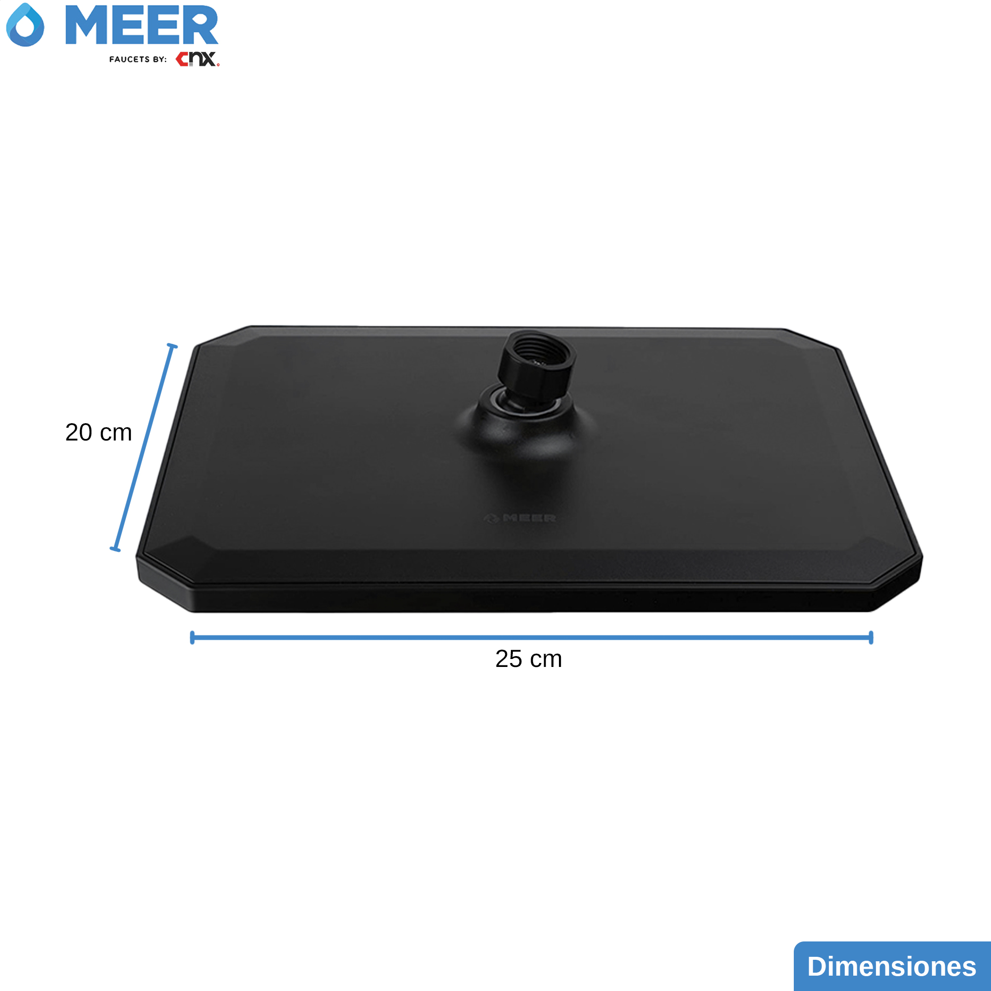 MEER Faucets  by CNX | Regadera Cuadrada de 20 cm x 25 cm, Cabezal de Ducha de ABS Negro Mate. Multiposición, Anti-Sarro y Funciona con Presión Baja