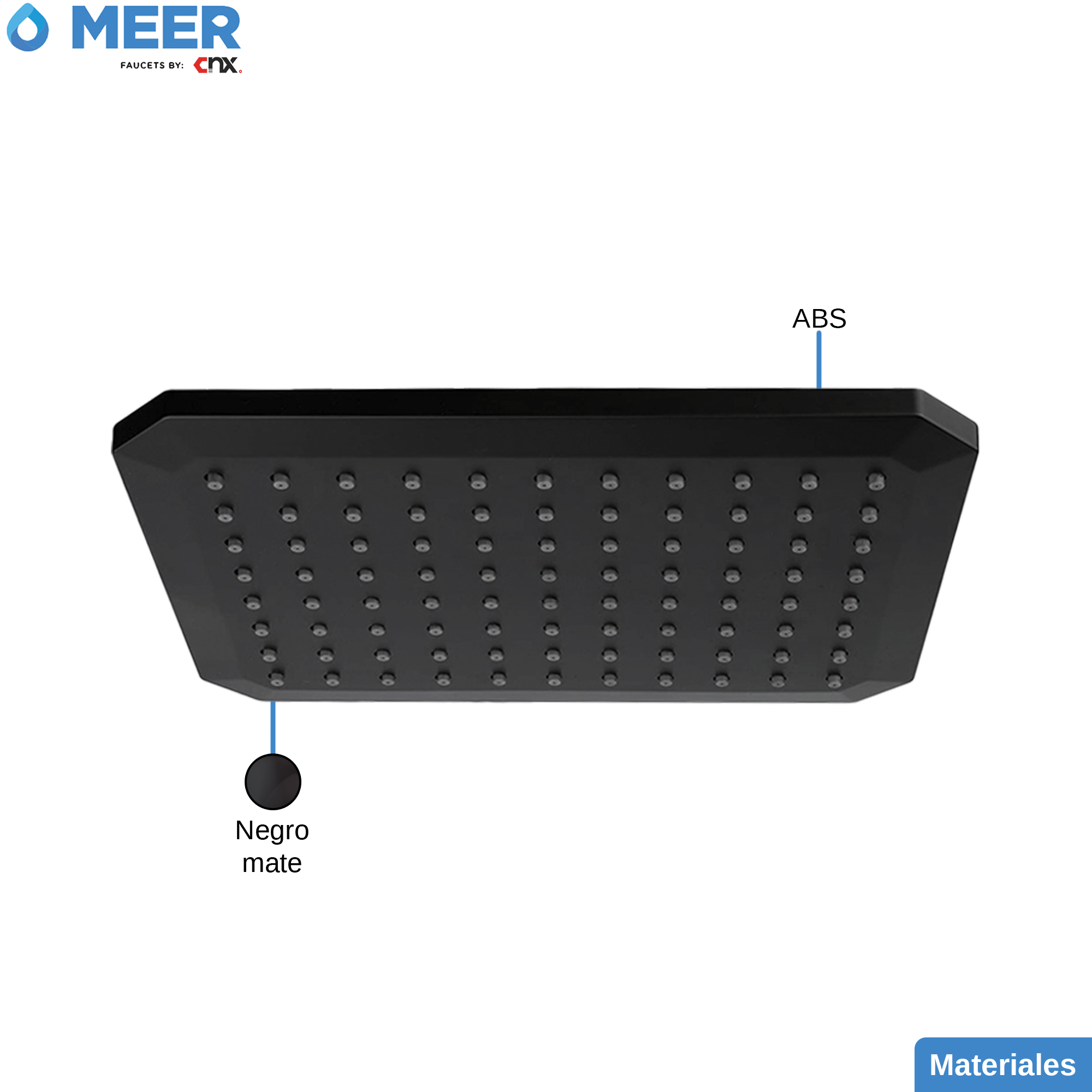 MEER Faucets  by CNX | Regadera Cuadrada de 20 cm x 25 cm, Cabezal de Ducha de ABS Negro Mate. Multiposición, Anti-Sarro y Funciona con Presión Baja