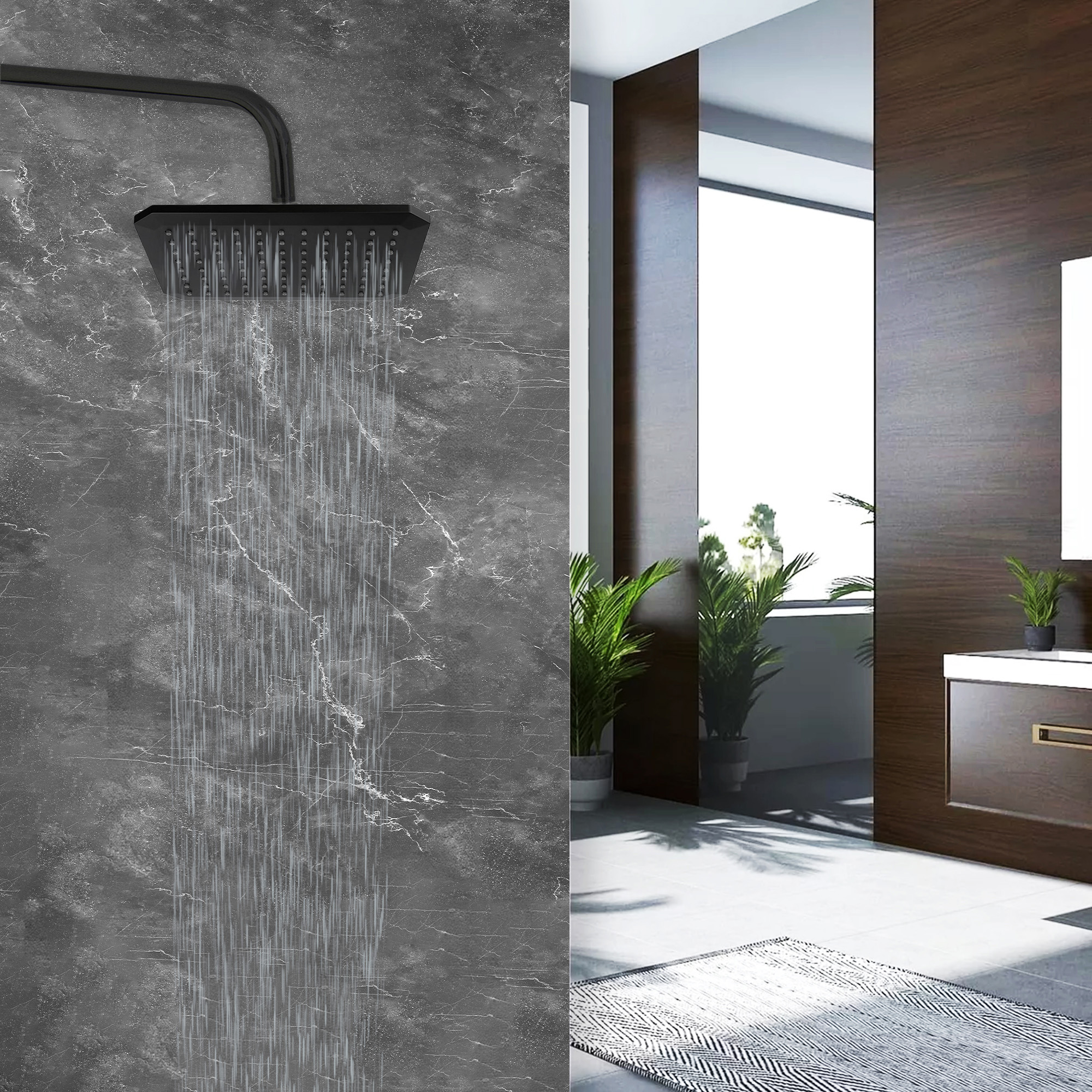 MEER Faucets  by CNX | Regadera Cuadrada de 20 cm x 25 cm, Cabezal de Ducha de ABS Negro Mate. Multiposición, Anti-Sarro y Funciona con Presión Baja