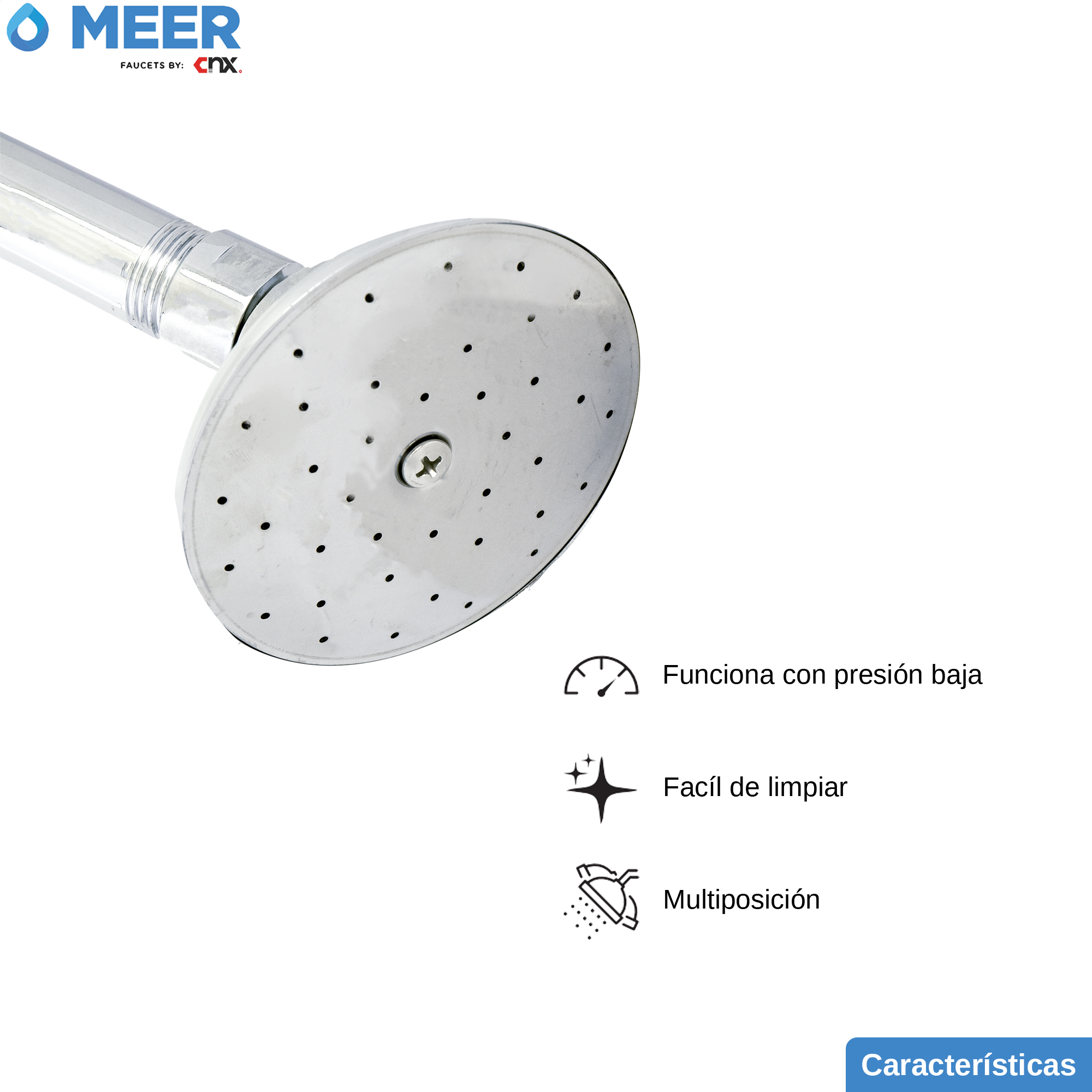 MEER Faucets  by CNX | Regadera Redonda de 7.6 cm con Cuello de 27 cm, Cabezal de Ducha y Tubo de Hierro Cromado. Multiposición, Anti-Sarro y Funciona con Presión Baja