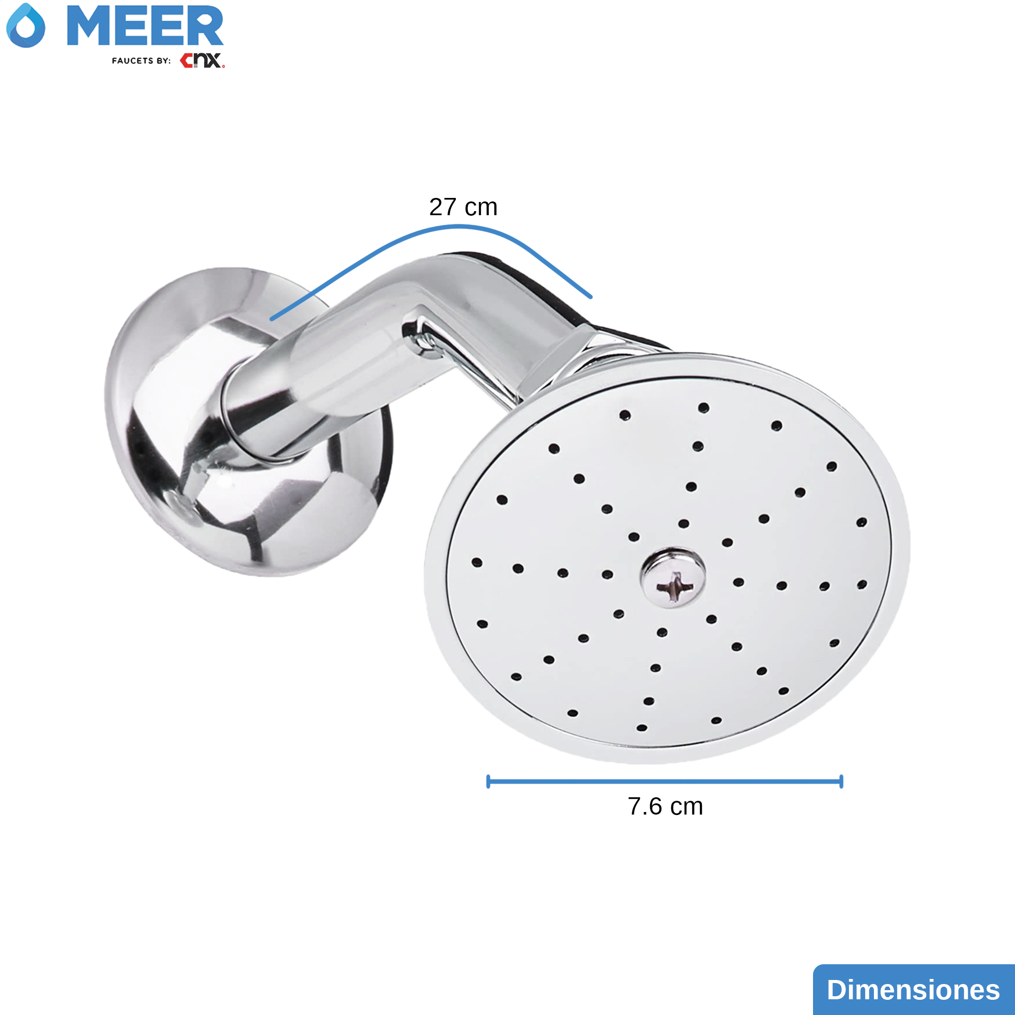 MEER Faucets  by CNX | Regadera Redonda de 7.6 cm con Cuello de 27 cm, Cabezal de Ducha y Tubo de Hierro Cromado. Multiposición, Anti-Sarro y Funciona con Presión Baja