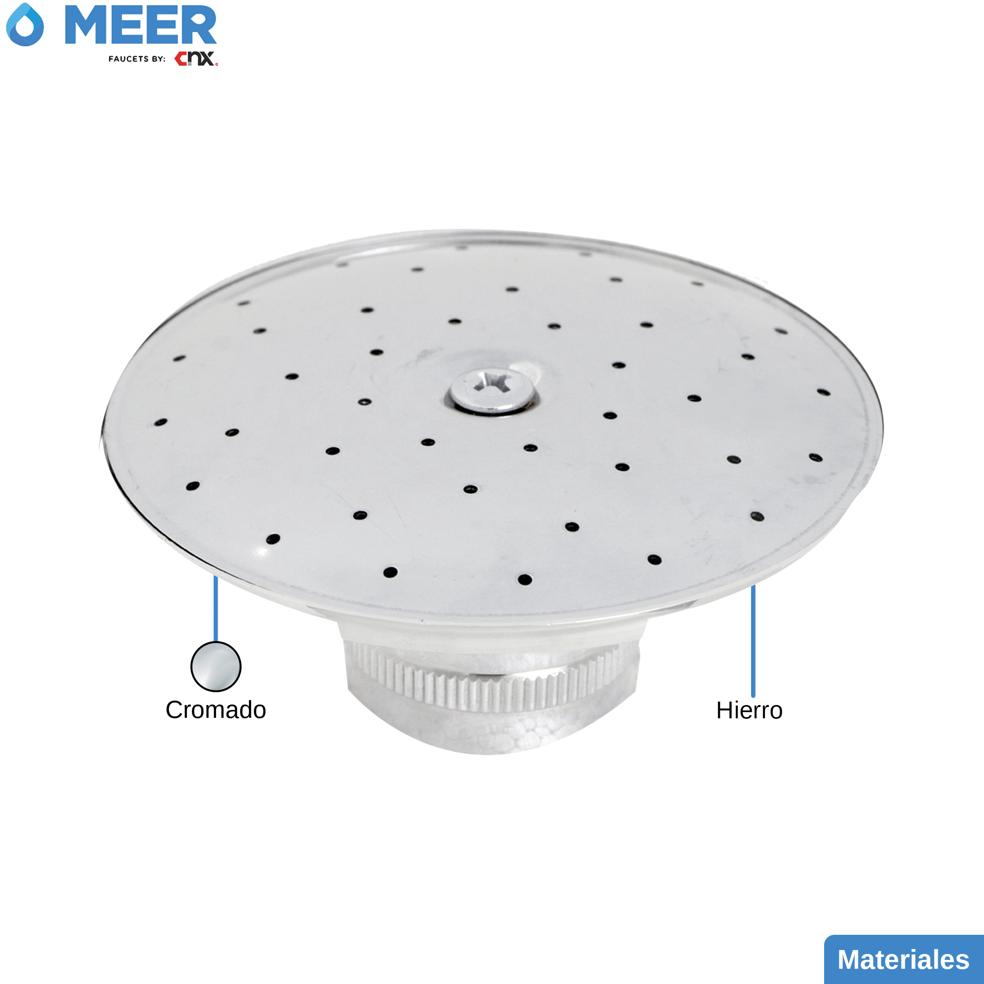 MEER Faucets  by CNX | Regadera Redonda de 7.6 cm con Cuello de 27 cm, Cabezal de Ducha y Tubo de Hierro Cromado. Multiposición, Anti-Sarro y Funciona con Presión Baja