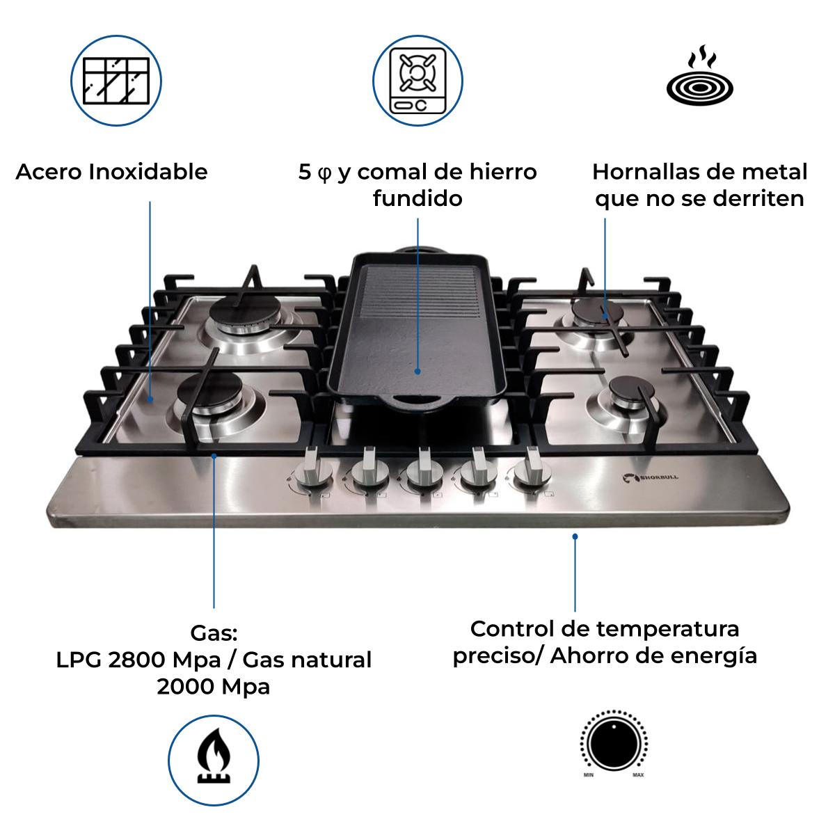 Estufa 5 quemadores acero inoxidable comal incluido