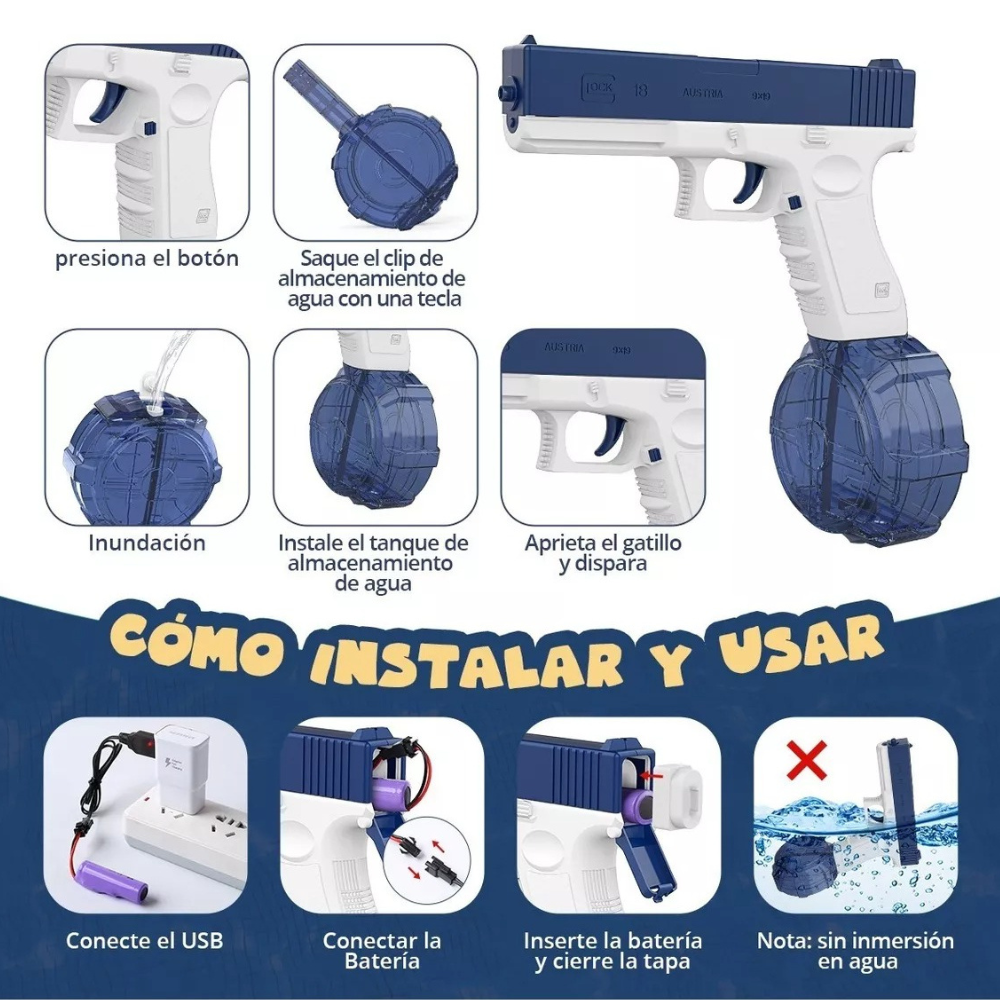 Pistola De Agua Eléctrico Automatica Juguete Glock Tambor, juego de equipo, disparo de agua, lanzador para exteriores.