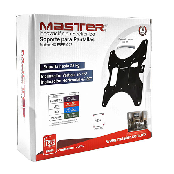 Master- Soporte de brazo de 14-37 pulgadas, distancia a la pared de 7 cms, inclinaci?n, Vesa 200 x 200 y con inclinaci?n de 15 grados