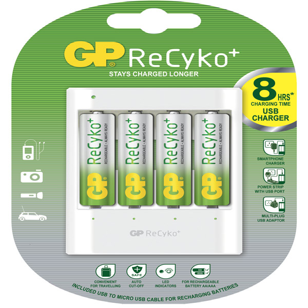 Gp Batteries Recargable Cargador Con 4 Pilas Aa De 1.2V 2000 Mah