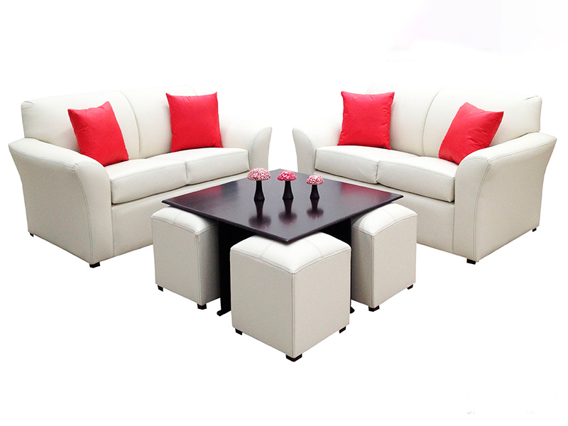 PAQUETE SALA ATLANTIC 2 -2 MAS MESA DE CENTRO CON 4 TABUERETES ESPACIO MUEBLES HUESO CON CHOCOLATE
