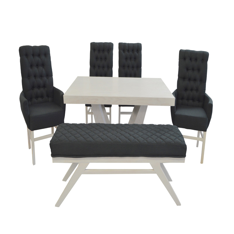 Comedor white - capitonado, 2 sillas, 2 sillones y banca afelpada Comedor white - capitonado, 2 sillas, 2 sillones y banca afelpada