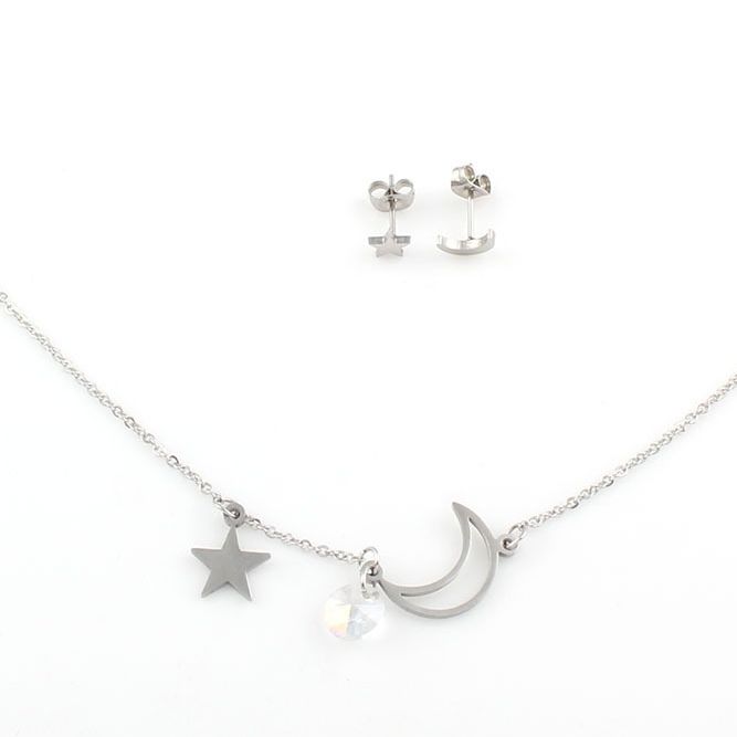 Kit Cadena Dije Aretes Luna Y Estrella Piedra Zirconia Acero