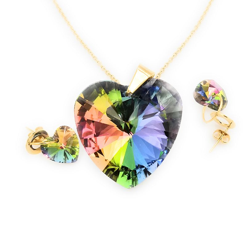 Kit De Cadena Dije Y Aretes Corazon Rainbow De Acero Inox