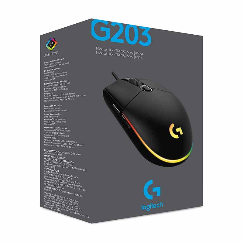 RATÓN LOGITECH G203 LIGHTSYNC COLOR NEGRO RGB ALAMBRICO 910-005793.