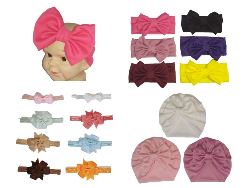 Set gorros banditas tiaras diademas para bebe niña 0-6 m. Headwrap turbantes bebe. Kit salida de hospital.