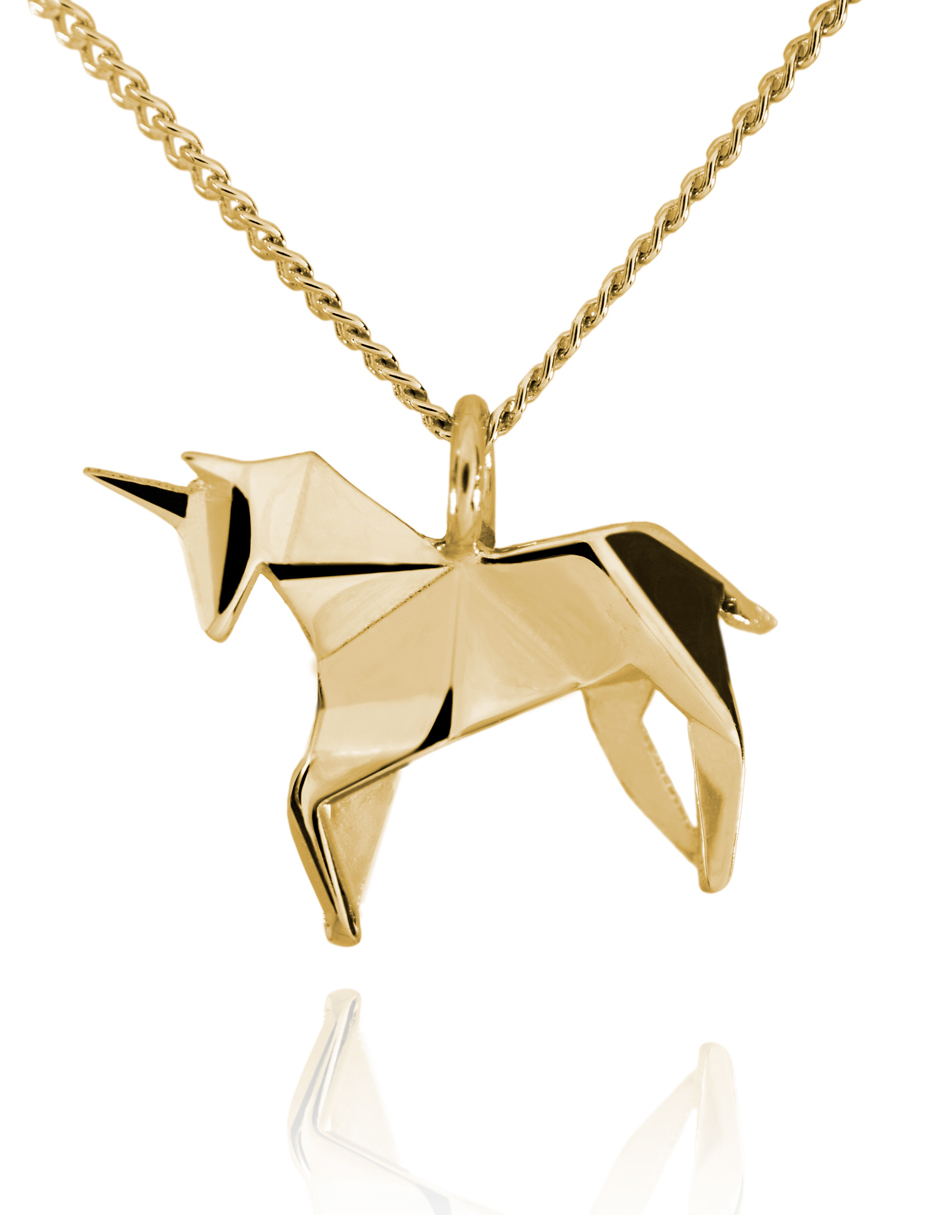 Dije Unicornio de Origami En Plata.925 en  Chapa de Oro Amarillo