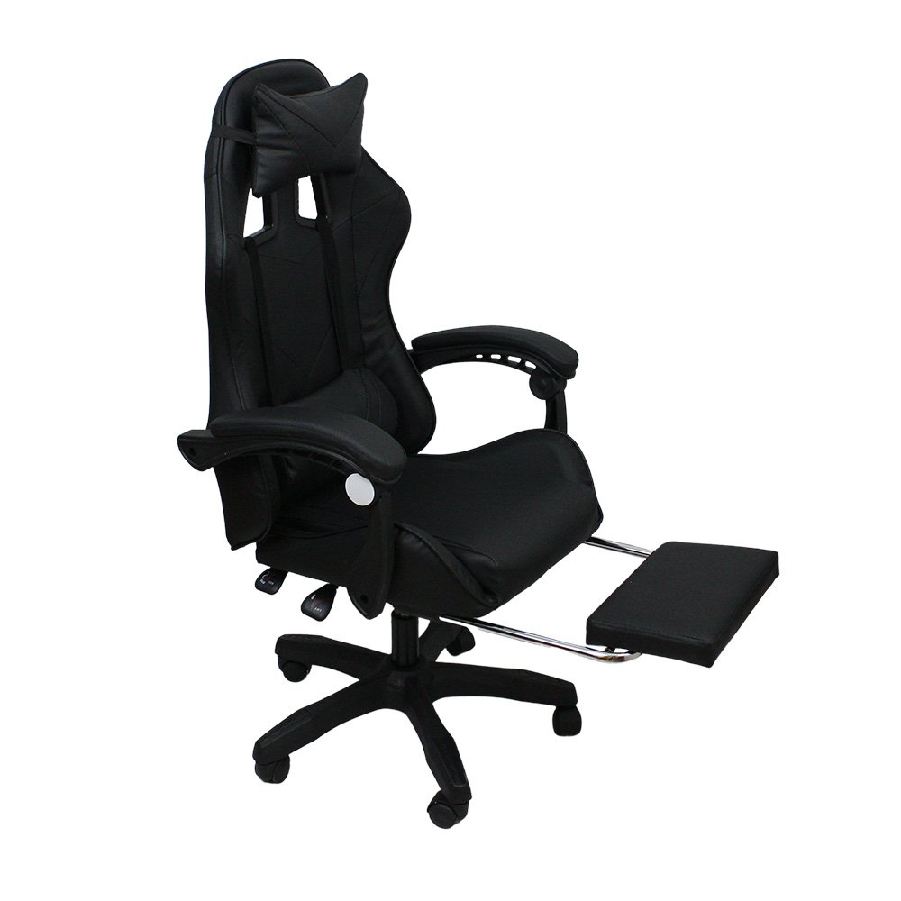 Silla Gamer con masajeador lumbar, descansa pies, reclinable y cabecera negro